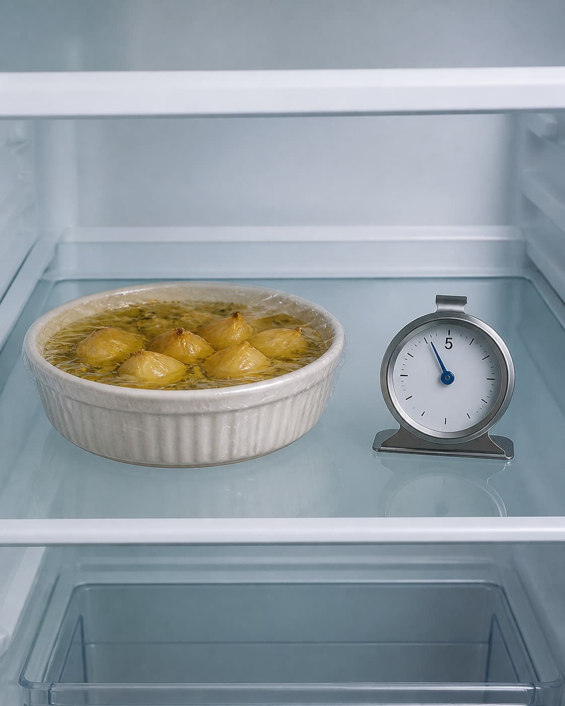 One covered ovenproof dish of baked garlic oil alone on a clean refrigerator shelf beside a refrigerator thermometer clearly indicating 5 C, no room-temperature cooling or extra food under tilberedningen af hvidløgsolie