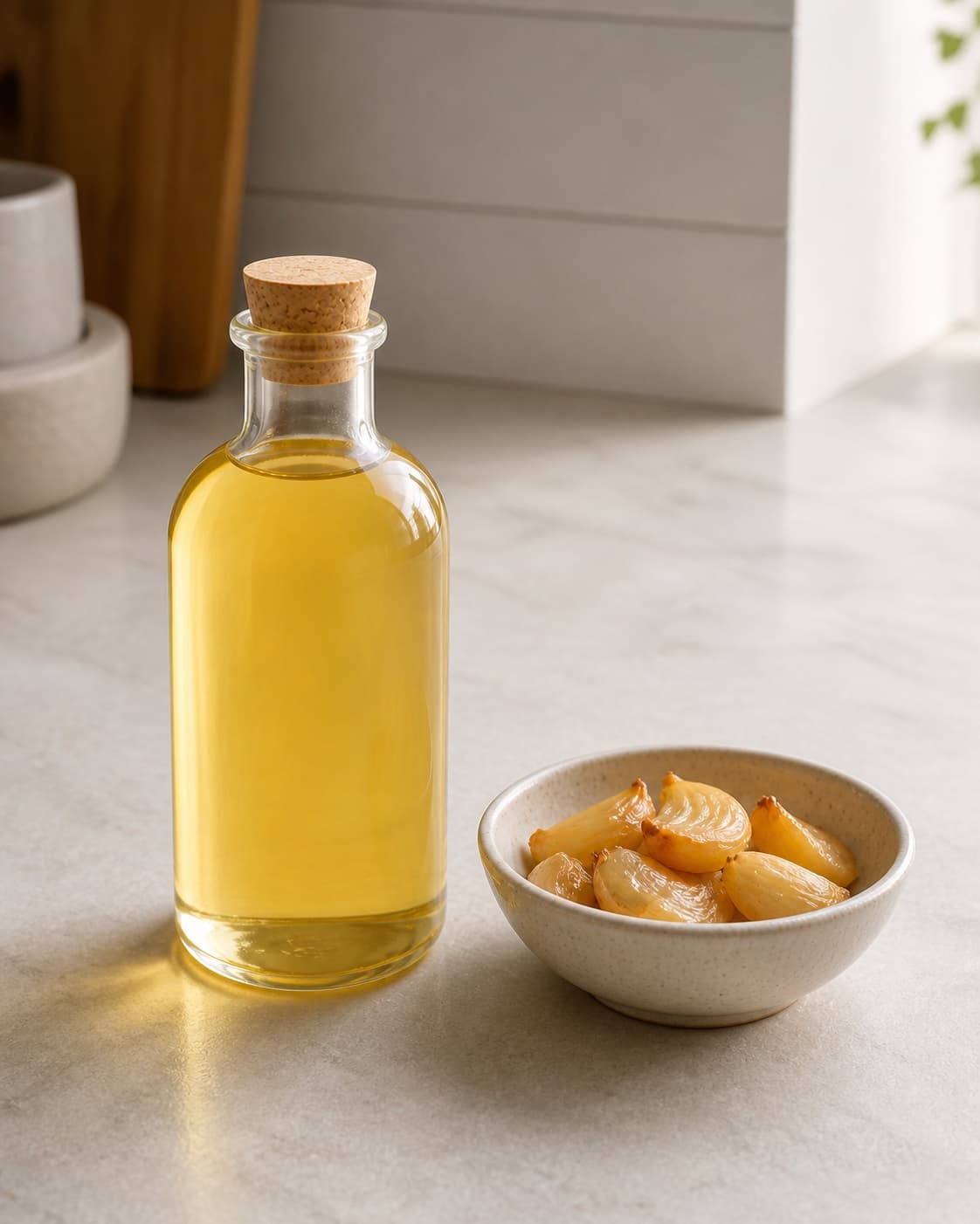 One sealed clear glass bottle of pale strained garlic herb oil kept cold beside one small bowl of drained soft baked garlic cloves, no herbs floating labels text or extra bottles under tilberedningen af hvidløgsolie