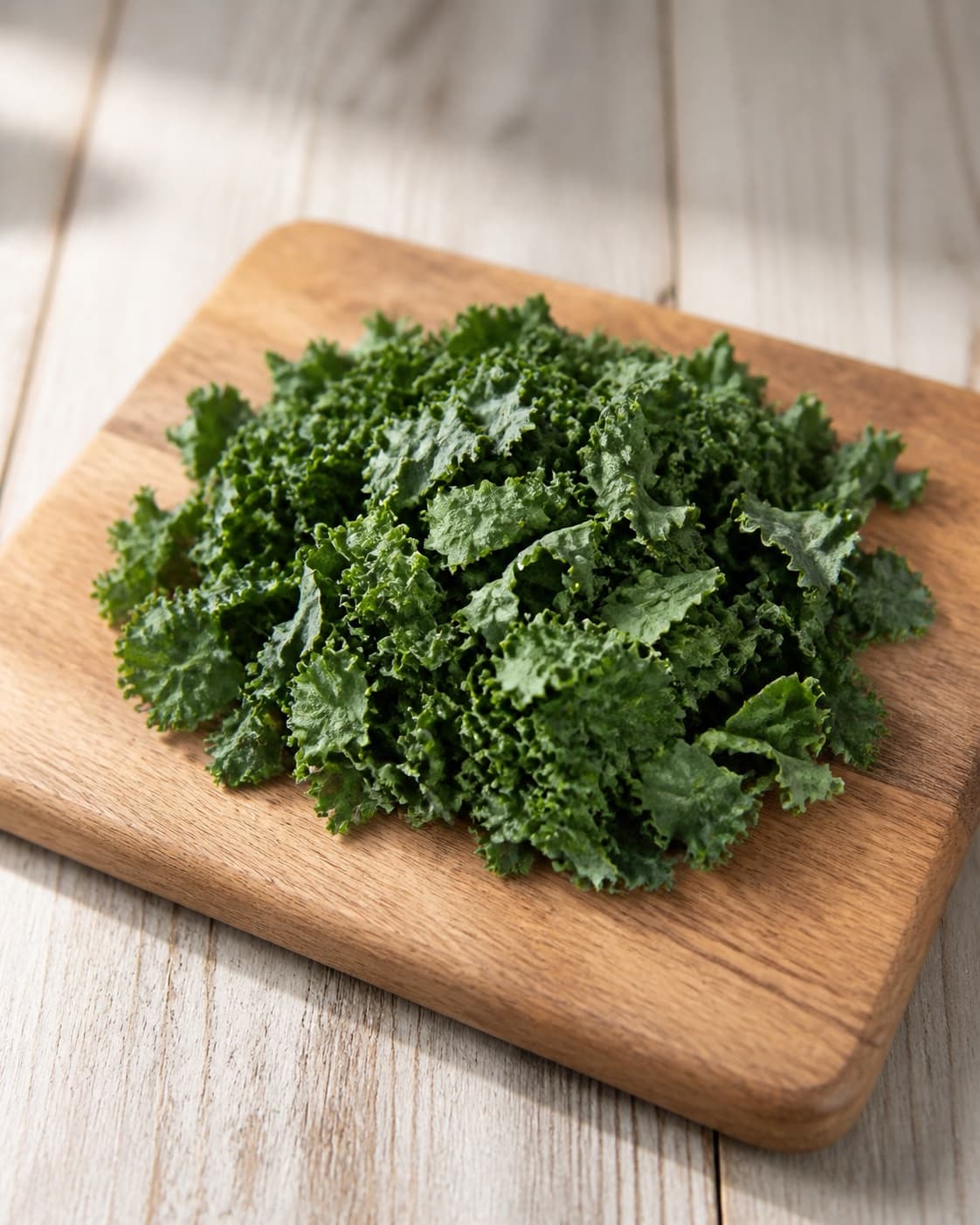 One neat pile of clean dry de-stemmed kale leaves on one board, no batter eggs flour roe cream or finished waffles under tilberedningen af grønkålsvafler med stenbiderrogn