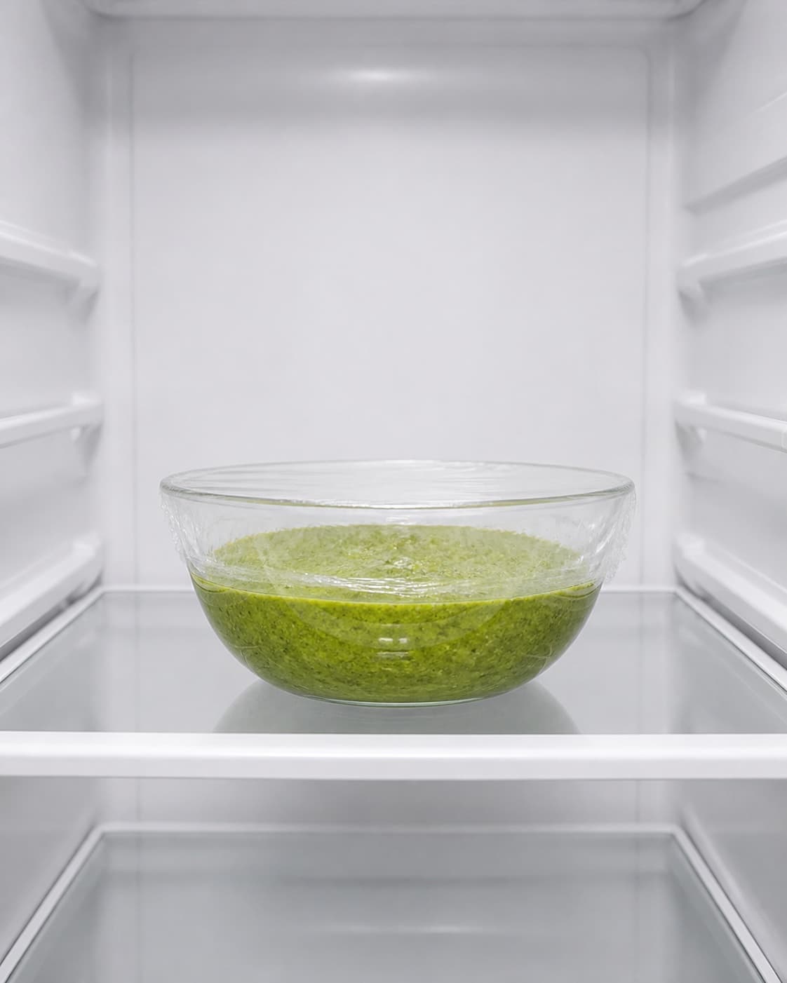 One covered bowl of vivid-green waffle batter alone on a clean refrigerator shelf, no roe cream onion dill waffles or extra food under tilberedningen af grønkålsvafler med stenbiderrogn