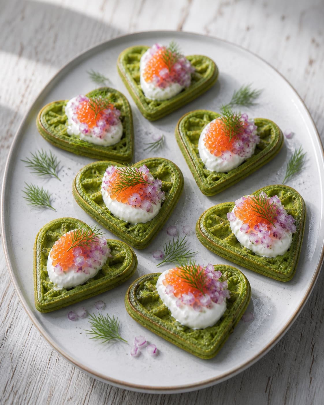 One Nordic serving platter of green waffle hearts, each topped with white crème fraîche, orange lumpfish roe, finely diced purple red onion and dill, no extra plates or bowls under tilberedningen af grønkålsvafler med stenbiderrogn