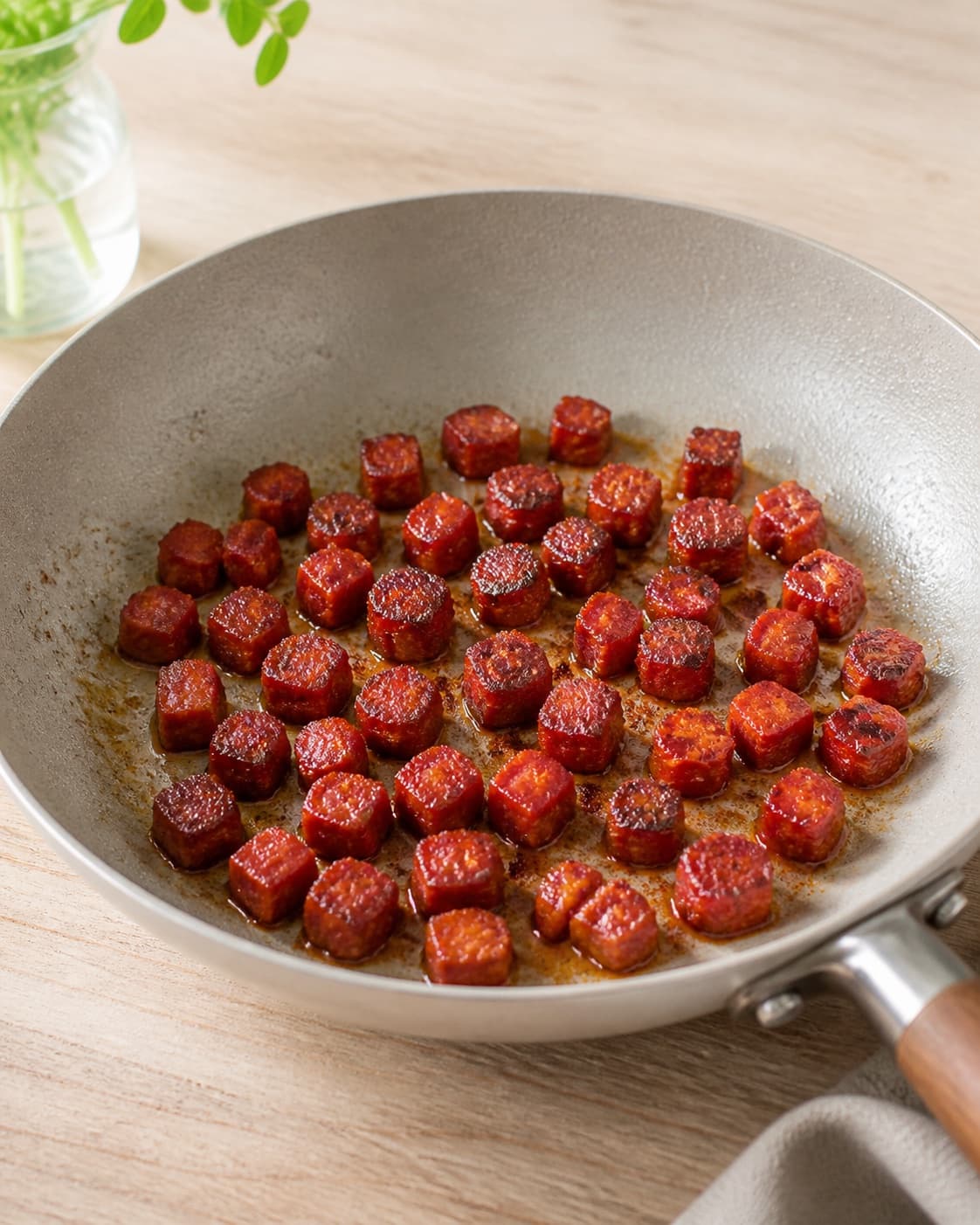 Small red chorizo cubes sizzling alone in one skillet with crisp dark edges, no cabbage fennel onion dressing or pomegranate under tilberedningen af spidskålssalat med chorizo og granatæble