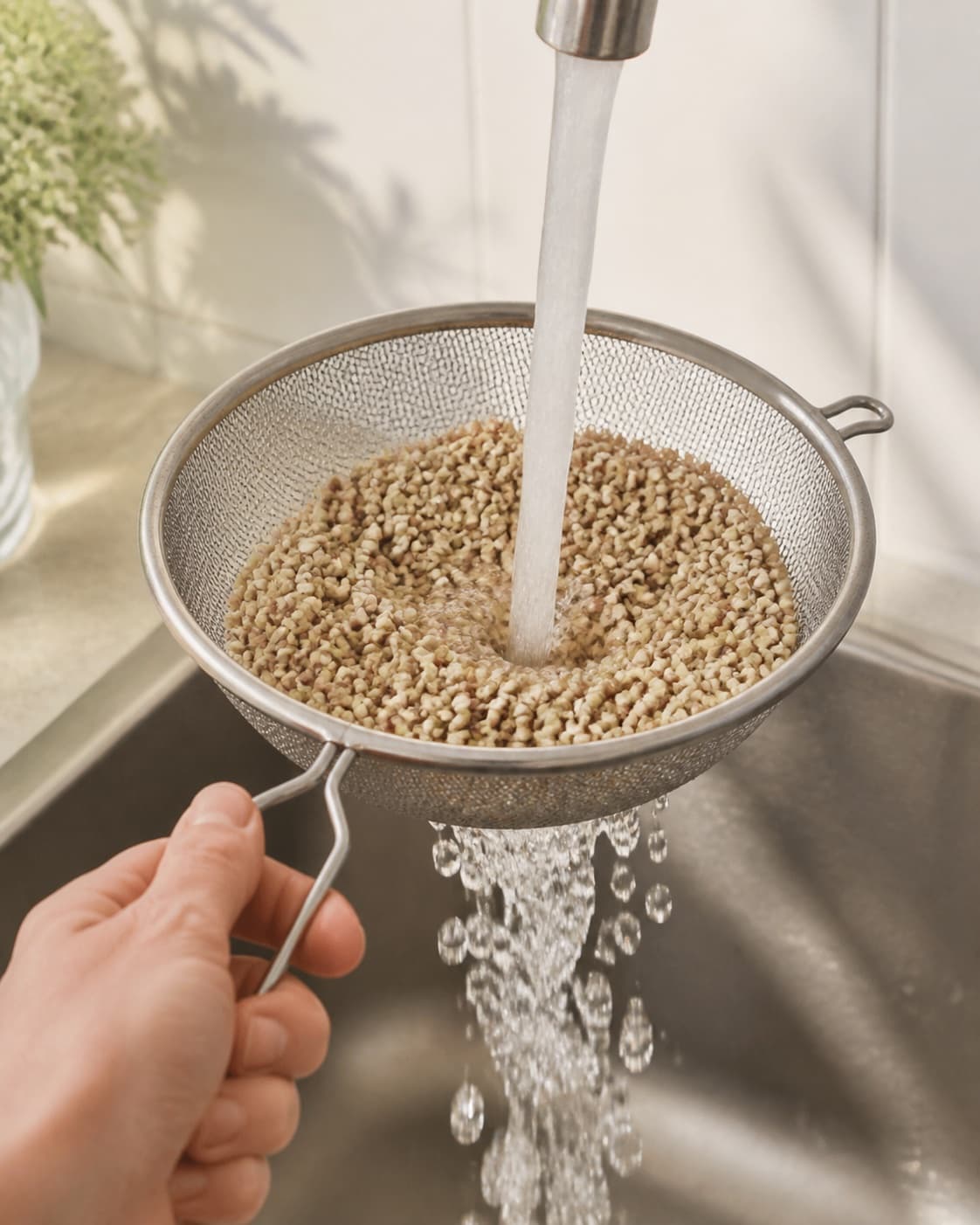 Pale soaked whole buckwheat groats being rinsed in one fine sieve under clear water, no milk spices banana nuts or cooked porridge under tilberedningen af boghvedegrød med karamelliseret banan