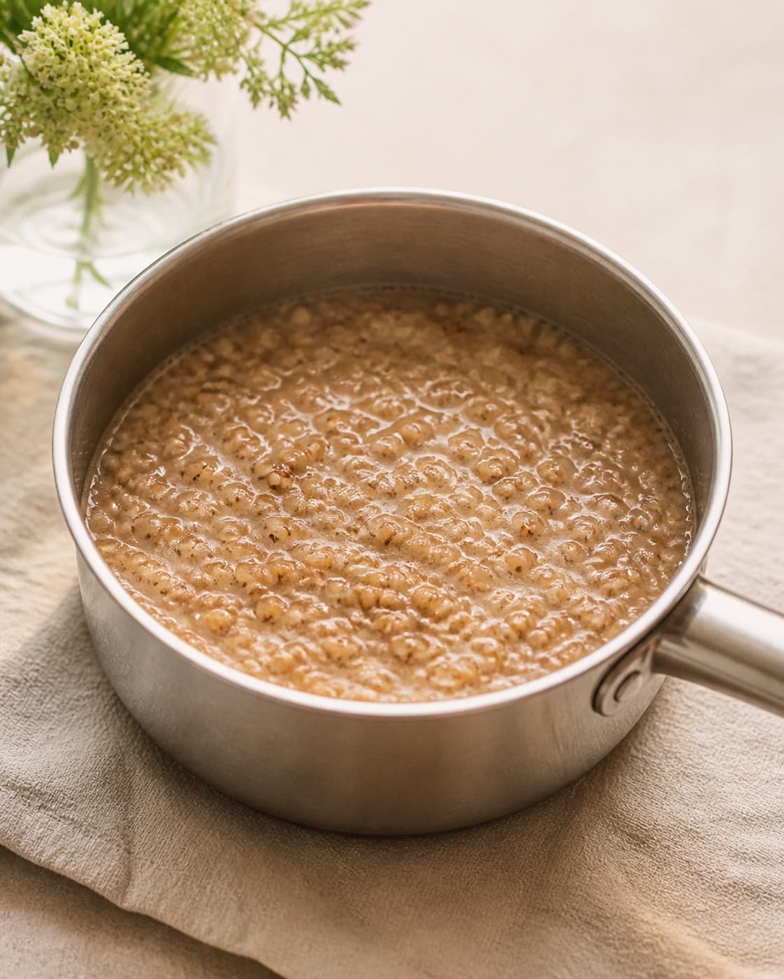 Warm golden-brown buckwheat porridge gently simmering in one small saucepan with distinct tender whole groats, no banana syrup nuts seeds or serving bowls under tilberedningen af boghvedegrød med karamelliseret banan