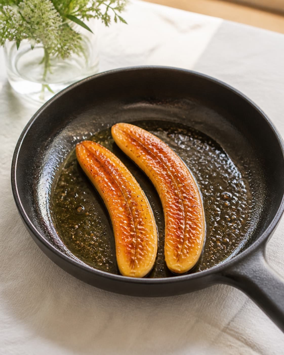 Exactly two long banana halves caramelizing in one skillet with glossy golden maple syrup, no porridge nuts seeds or extra banana pieces under tilberedningen af boghvedegrød med karamelliseret banan
