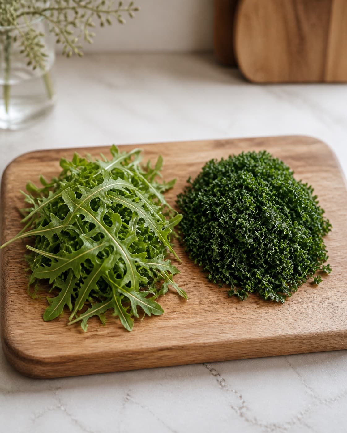 Two clearly separate piles of dry green arugula and finely chopped dark-green kale on one board, no oranges nuts dressing or serving bowl under tilberedningen af blodappelsinsalat med rucola