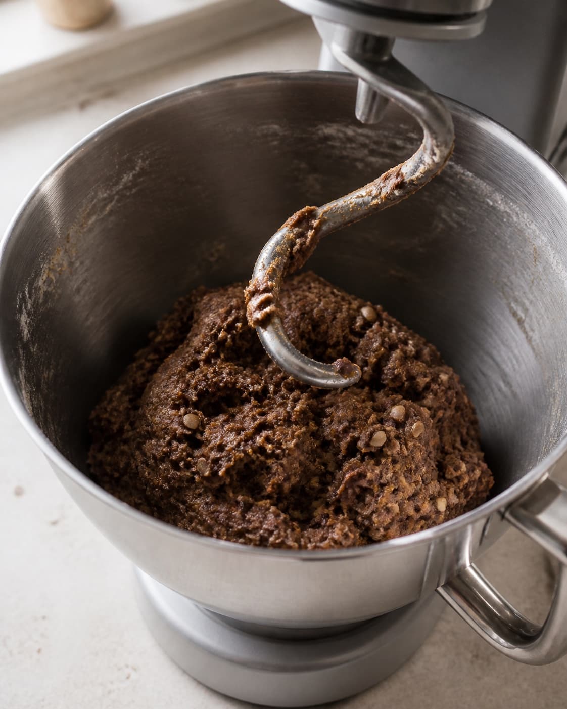 One stand-mixer bowl holding heavy dark rye dough with small visible milk-chocolate pieces, no baked bread pan or butter glaze under tilberedningen af chokorug
