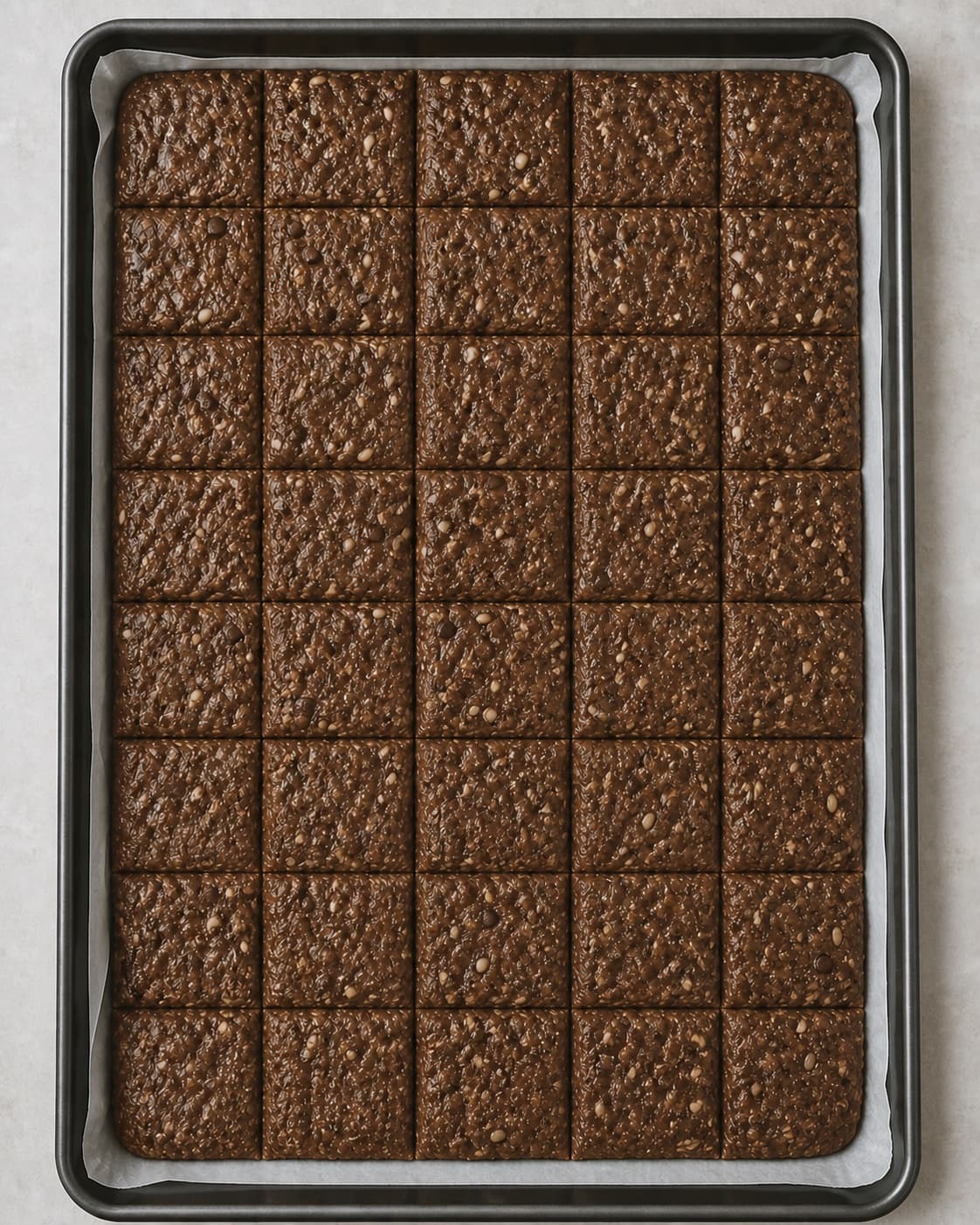 One rectangular parchment-lined baking tray of risen dark rye dough cut into exactly 45 visible sections in a strict five-by-nine grid, no baked crust or loose bread pieces under tilberedningen af chokorug
