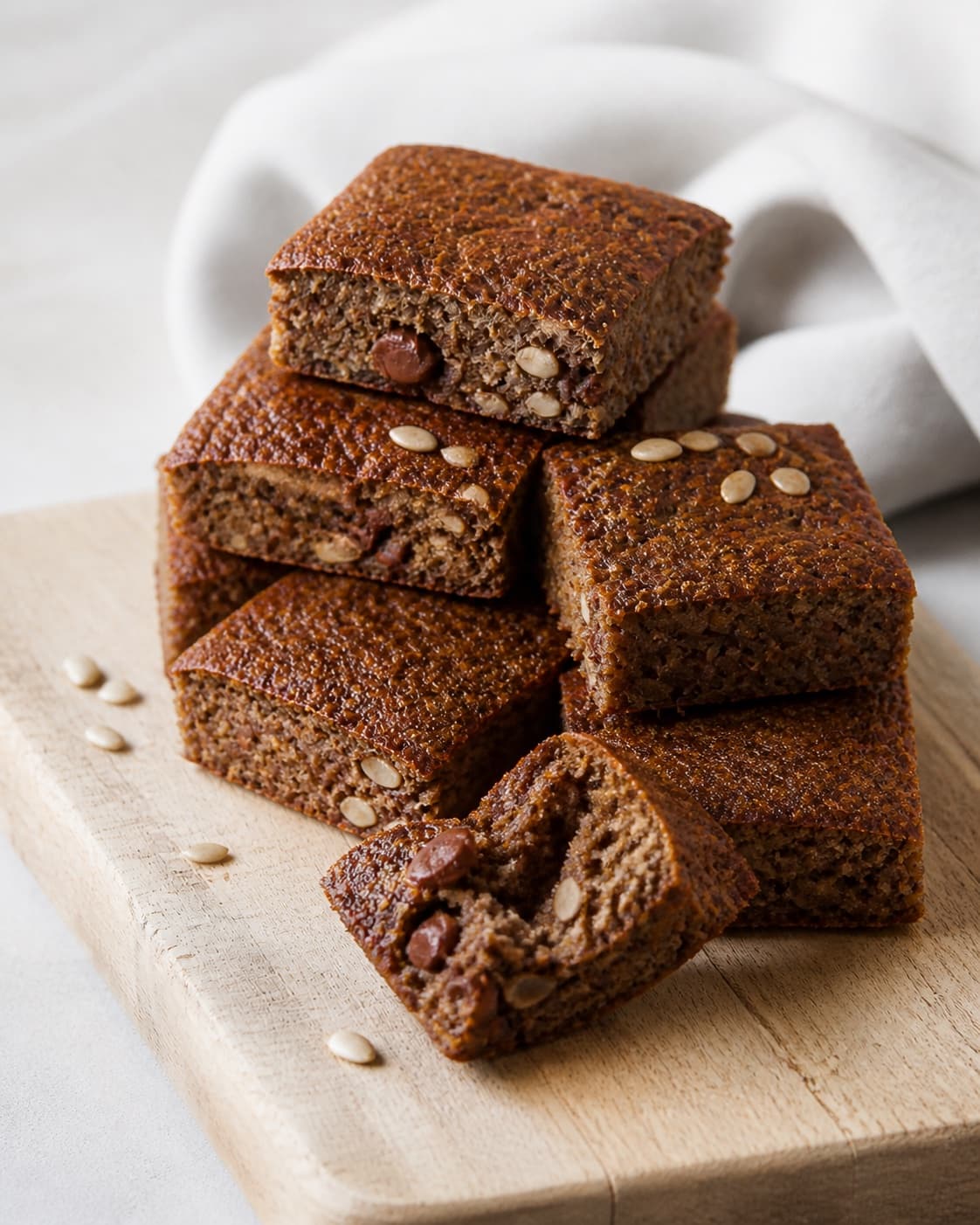 One wooden board holding an orderly group of small square dark rye bread rolls with visible chocolate pieces and glossy brown crust, no loaf pan butter bowl or unbaked dough under tilberedningen af chokorug