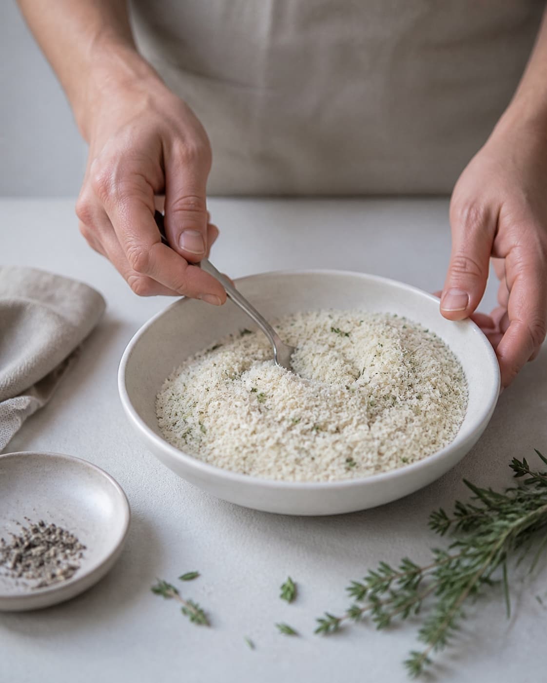 One bowl of airy grated Parmesan evenly flecked with finely chopped thyme rosemary and black pepper, no melted cheese tray or chips under tilberedningen af parmesanchips med krydderurter