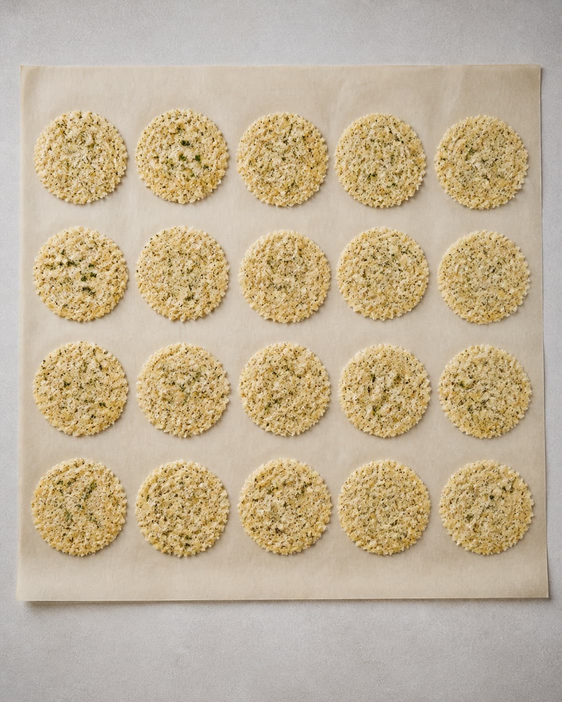 One sheet of parchment holding twenty cooled crisp pale-golden Parmesan rounds, no bowls dip drinks or extra food under tilberedningen af parmesanchips med krydderurter