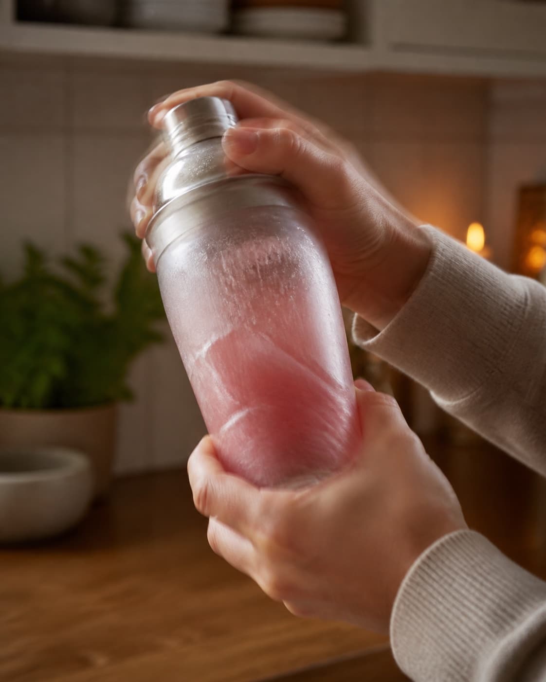 One tightly closed frosted cocktail shaker in vigorous shaking motion, no glasses bottles garnish or other food under tilberedningen af nytårscocktail med granatæble og snaps