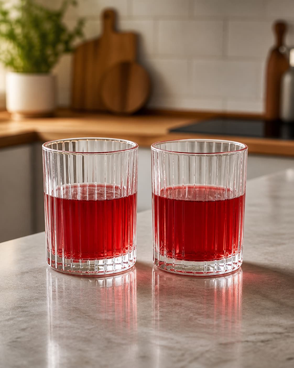 Exactly two chilled glasses holding equal portions of clear ruby-red strained cocktail base, no seeds mint leaves ice soda or garnish under tilberedningen af nytårscocktail med granatæble og snaps