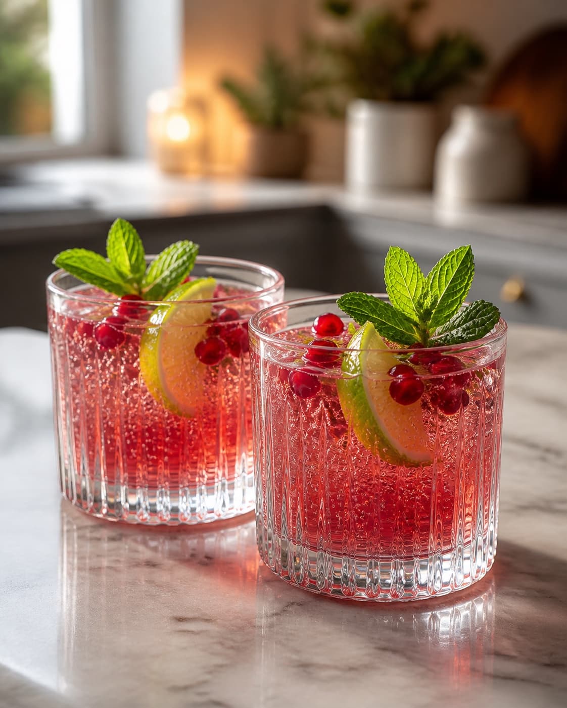 Exactly two sparkling ruby-red cocktails, each garnished with pomegranate arils, two mint stems and one lime wedge, no bottles shaker or extra glasses under tilberedningen af nytårscocktail med granatæble og snaps