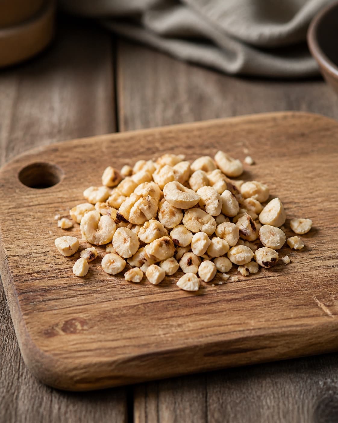 One small pile of coarsely chopped toasted peeled hazelnuts on one board, no kale cheese cranberries meat or ham under tilberedningen af fyldt mørbrad med grønkål og hasselnødder