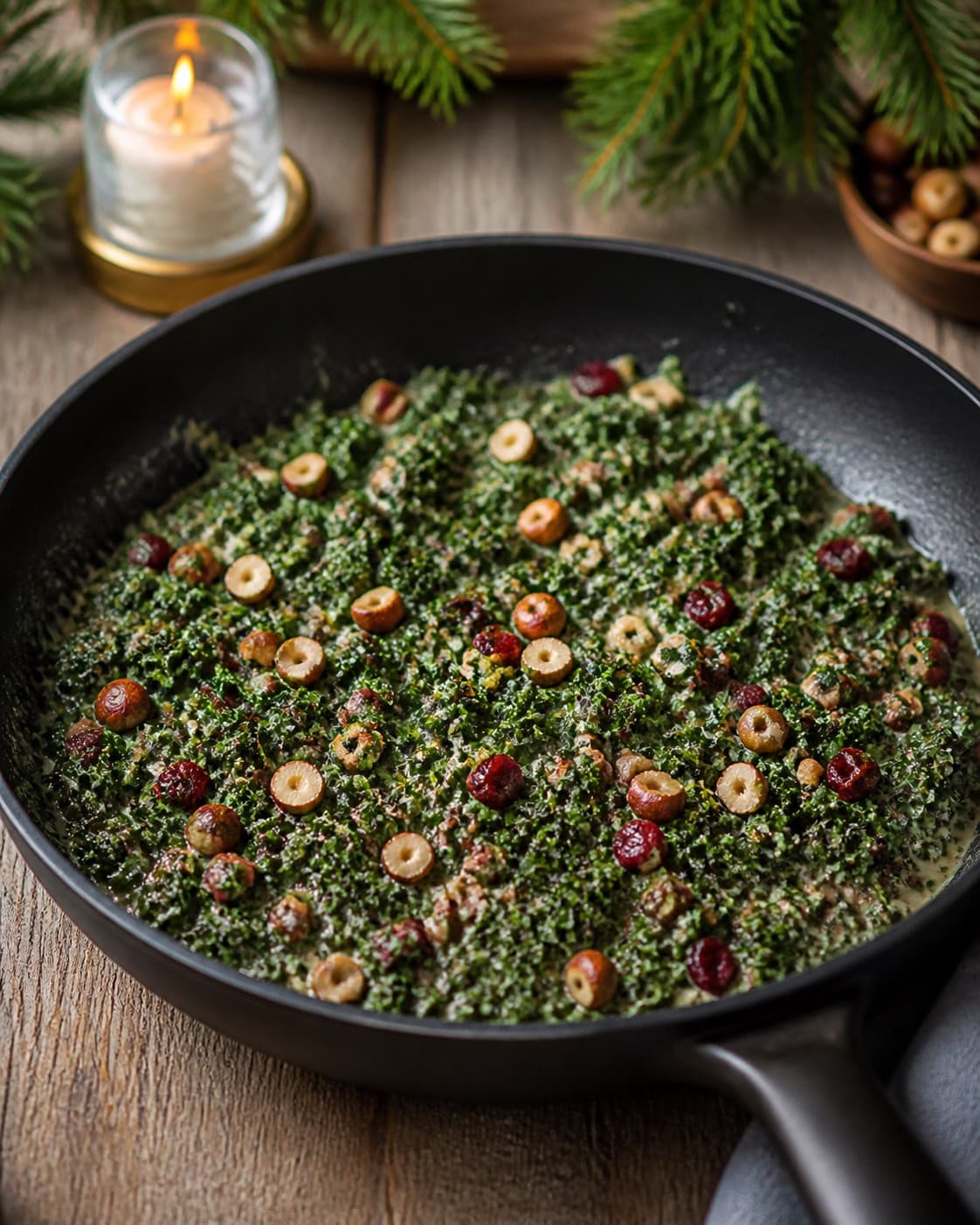 One skillet holding creamy dark-green kale filling with red cranberries and chopped hazelnuts, no raw pork prosciutto or baking dish under tilberedningen af fyldt mørbrad med grønkål og hasselnødder