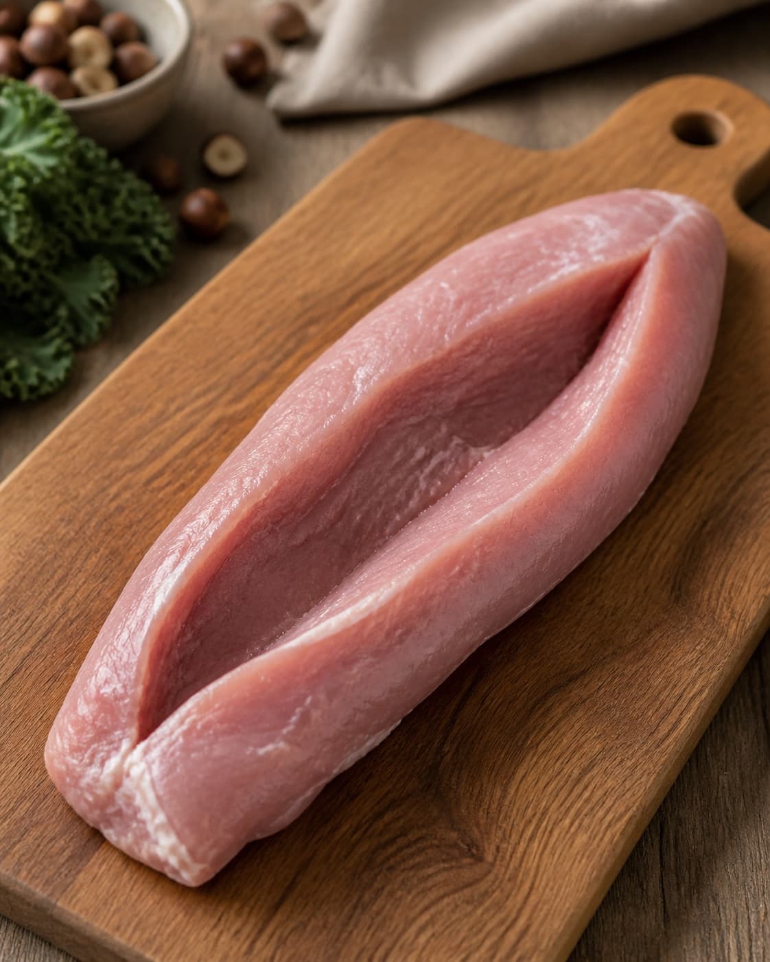 One raw trimmed pork tenderloin with one clearly visible long deep pocket on one board, no filling prosciutto pan or cooked meat under tilberedningen af fyldt mørbrad med grønkål og hasselnødder