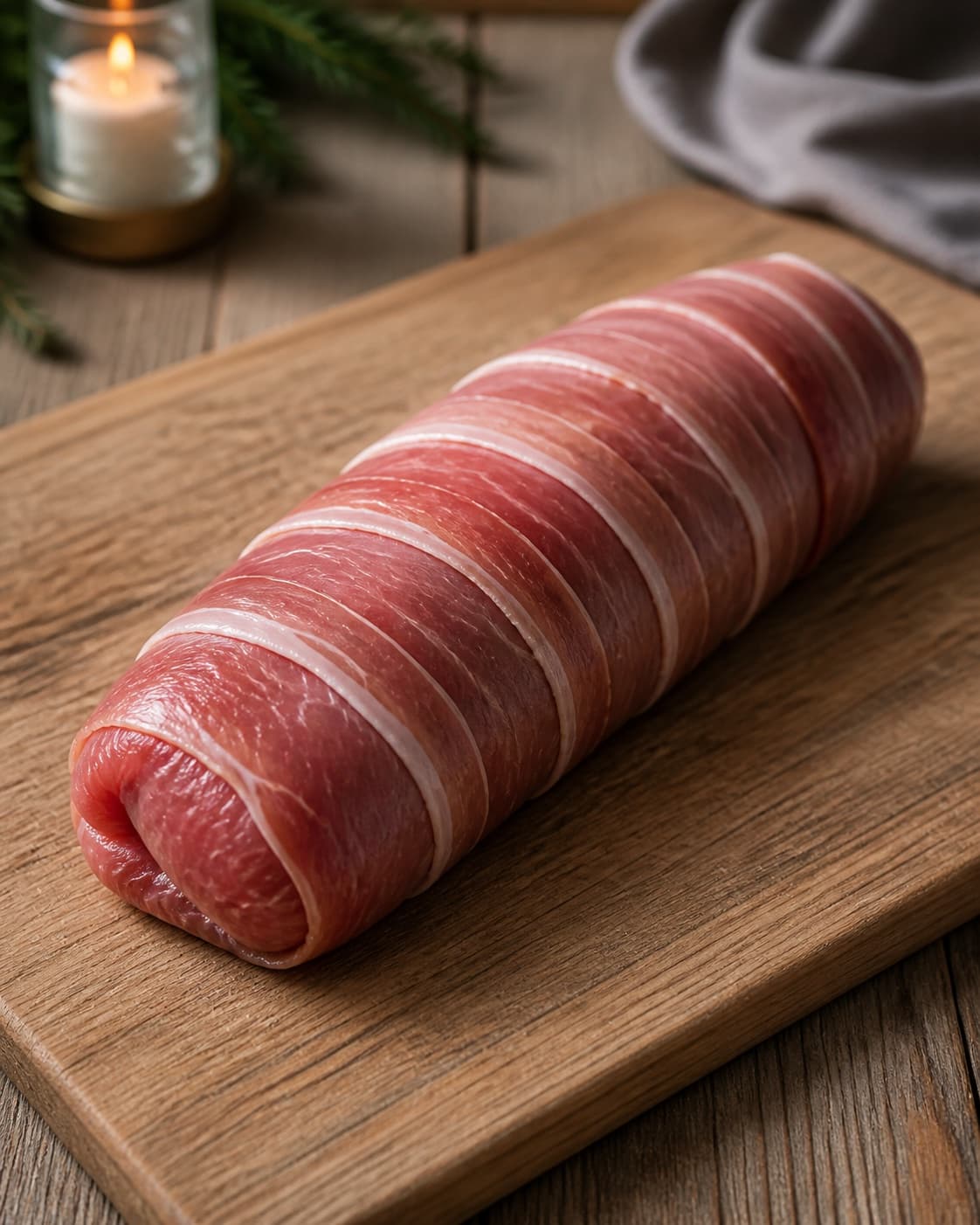 One raw stuffed pork tenderloin fully wrapped in overlapping prosciutto slices on a clean board, no loose filling pan or cooked slices under tilberedningen af fyldt mørbrad med grønkål og hasselnødder
