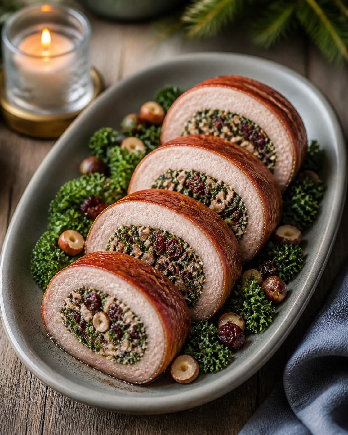 One cooked stuffed tenderloin cut into exactly four thick slices showing creamy green kale filling, cranberries hazelnuts and prosciutto on one platter under tilberedningen af fyldt mørbrad med grønkål og hasselnødder