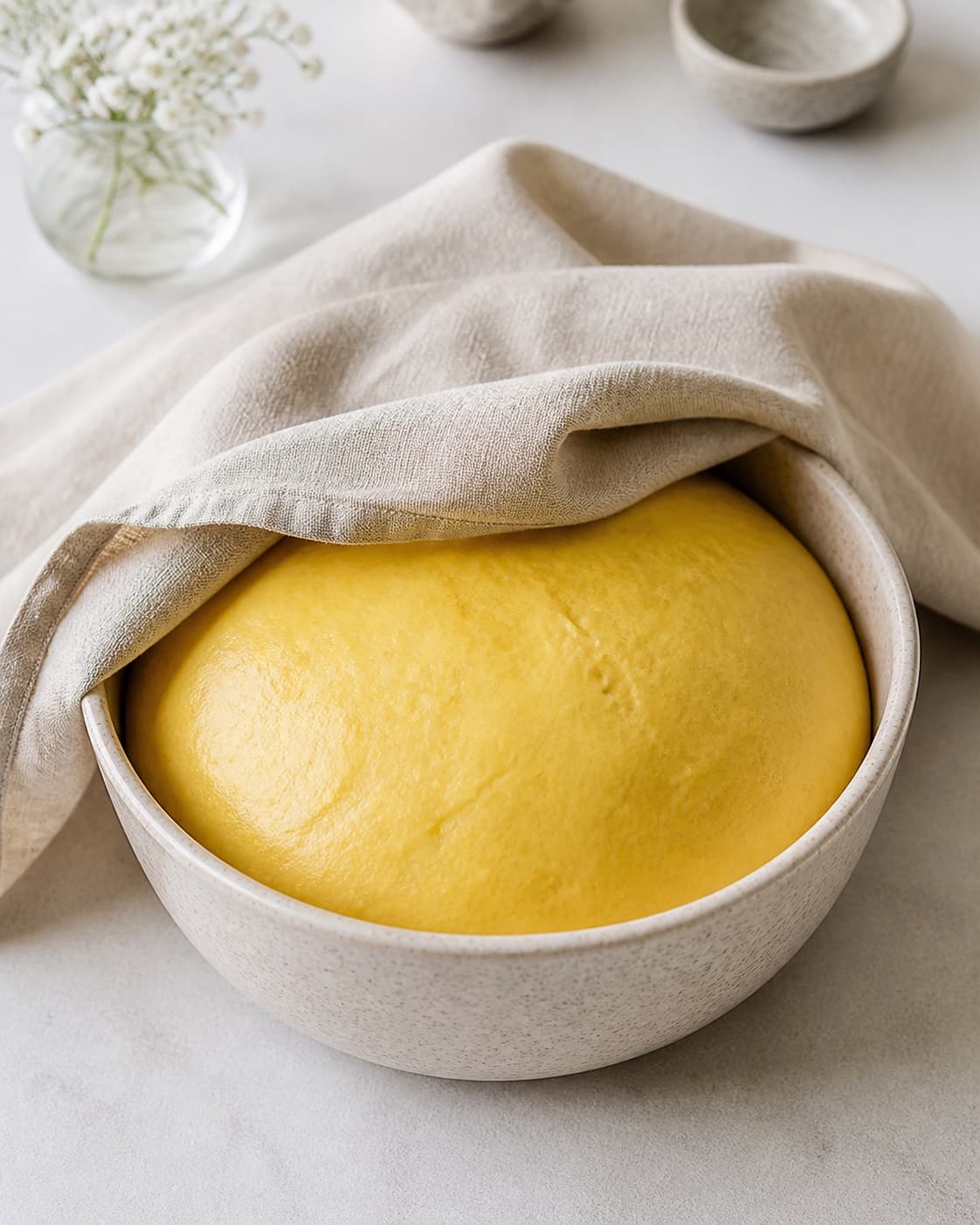 One covered bowl of visibly risen golden saffron dough on a warm counter, no filling cream icing or tray under tilberedningen af safranboller med remonce