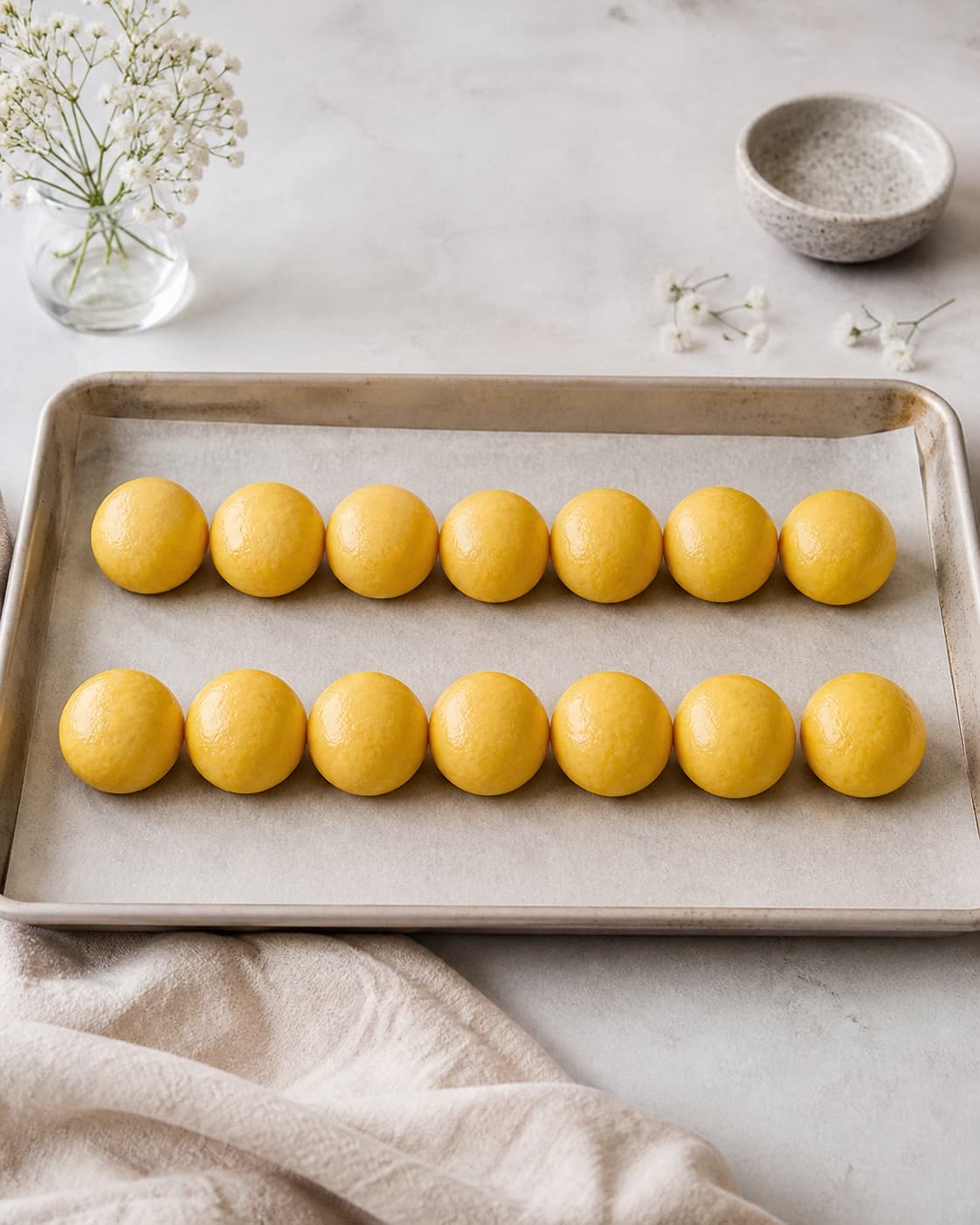 Exactly fourteen closed round golden saffron dough buns seam-side down on one parchment-lined tray, no baked buns icing or cream under tilberedningen af safranboller med remonce