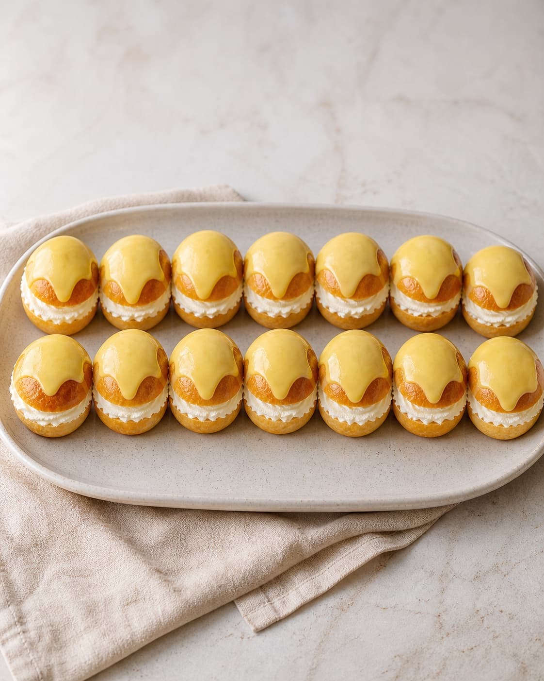 One platter holding fourteen golden saffron buns filled with white whipped cream and topped with yellow saffron icing, no extra bowls cups or loose ingredients under tilberedningen af safranboller med remonce