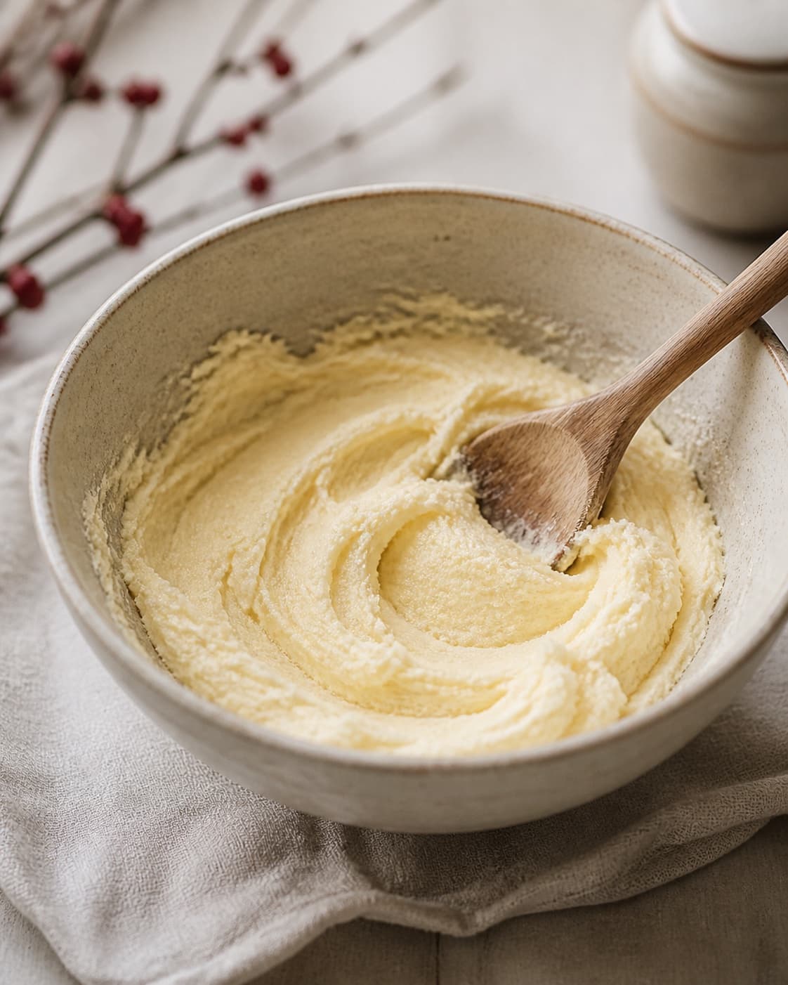 One bowl of pale fluffy creamed butter and sugar, no flour cream jam dough or cookies under tilberedningen af småkager med marmelade