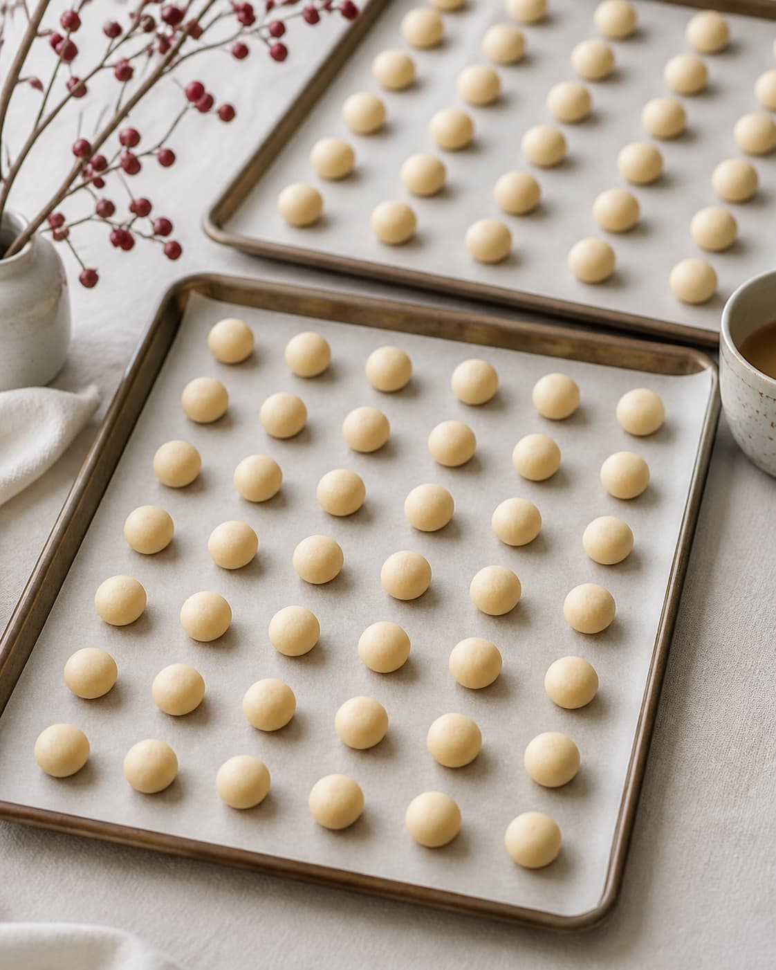 Many uniform tiny pale cookie-dough balls arranged in orderly rows across two parchment-lined trays, no jam indentations or baked cookies under tilberedningen af småkager med marmelade