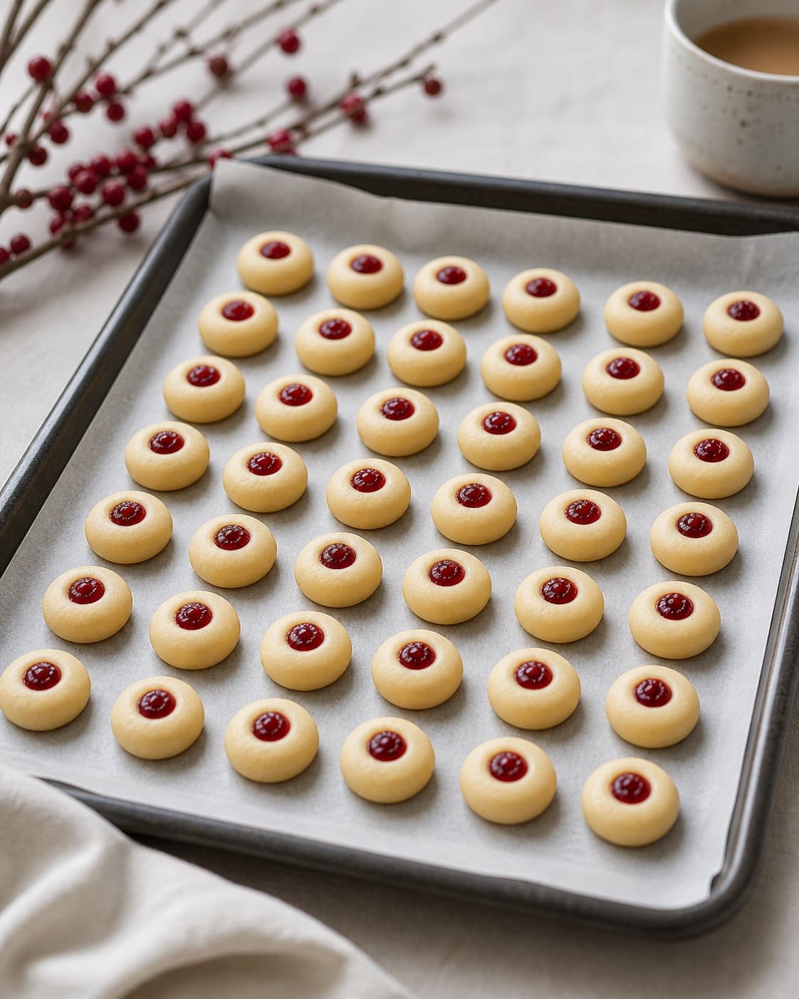 Tiny raw cookie balls on parchment, each with one round indentation filled by one small red raspberry-jam drop, no overflow or baked edges under tilberedningen af småkager med marmelade