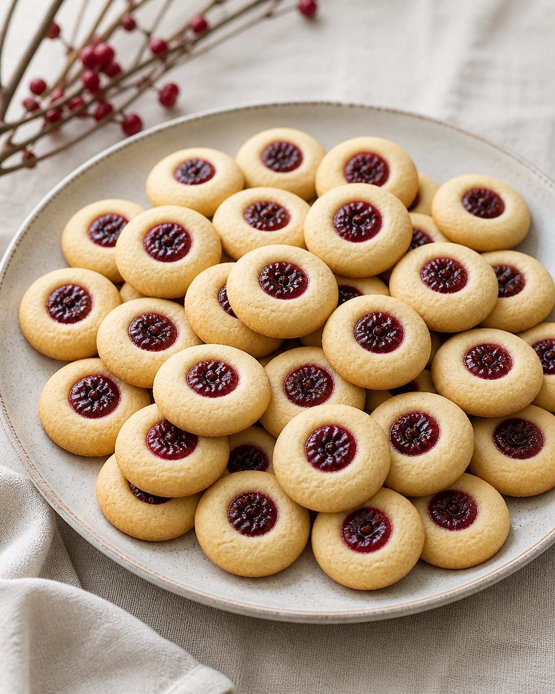 One serving platter of many small pale-golden round cookies, each with one glossy red raspberry-jam button in the center, no extra bowls or raw dough under tilberedningen af småkager med marmelade