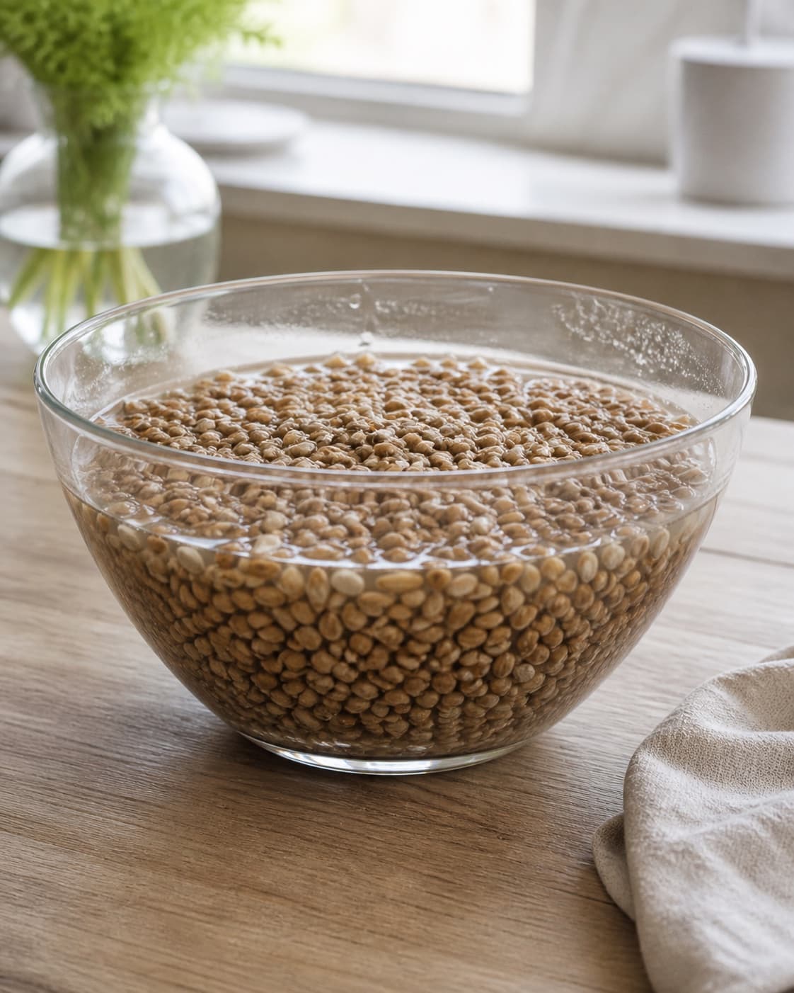One large bowl of swollen soaked cracked rye kernels and sunflower seeds in absorbed water, no flour yeast dough bread or extra bowls under tilberedningen af rugbrød