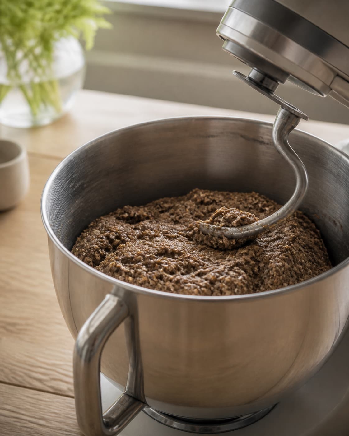One stand-mixer bowl holding one dense dark-brown rye dough evenly packed with visible kernels, no bread tin risen loaf or baked bread under tilberedningen af rugbrød