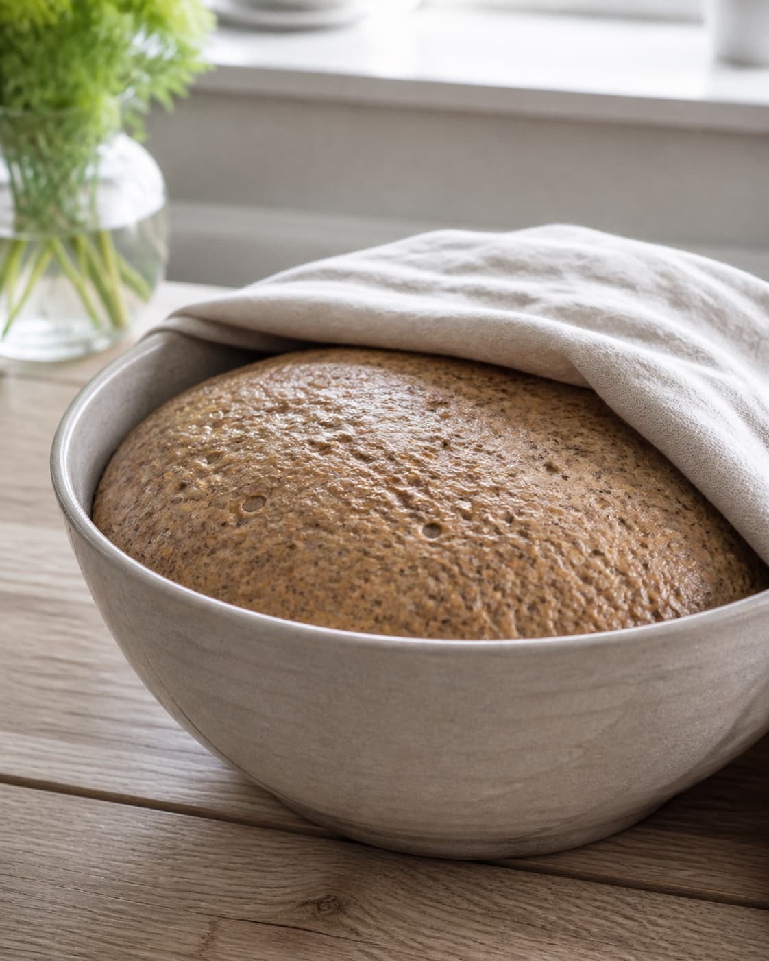 One large bowl with cloth pulled partly aside revealing visibly risen dark seeded rye dough, no loaf tin oven or baked bread under tilberedningen af rugbrød