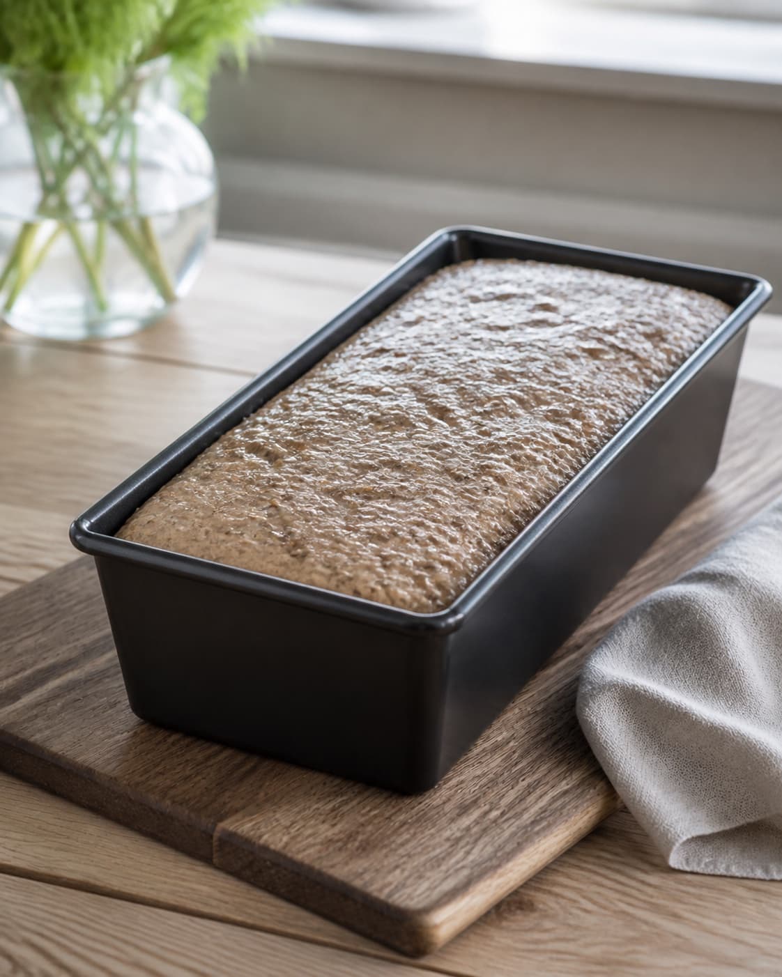 One single rectangular loaf tin filled with smooth risen raw dark seeded rye dough, flat wet-smoothed top, no baked crust or sliced bread under tilberedningen af rugbrød