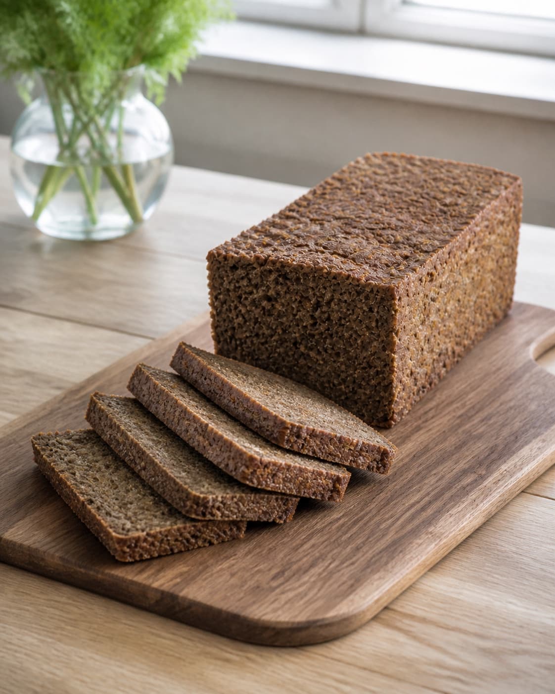 One finished dark Danish rye loaf with visible seeds and exactly four cut slices fanned beside it on one wooden board, no butter toppings plates or extra loaves under tilberedningen af rugbrød