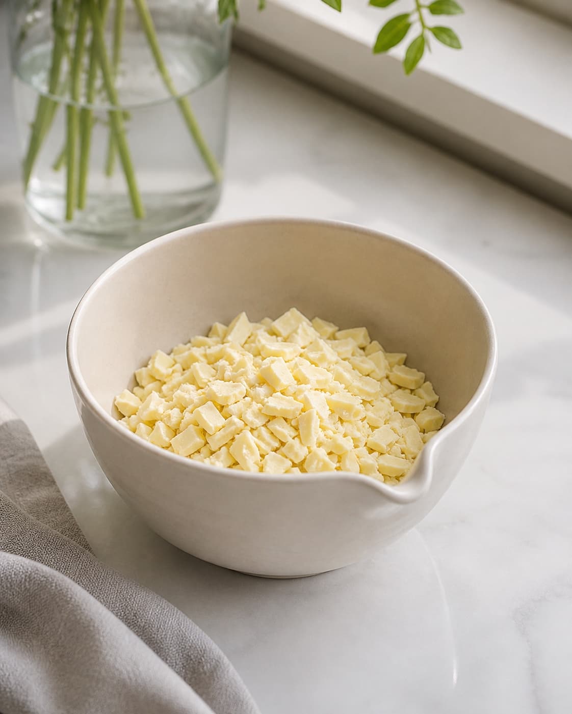 One heatproof bowl filled with finely chopped white chocolate pieces, no cream matcha powder ganache or truffles under tilberedningen af matcha-trøfler