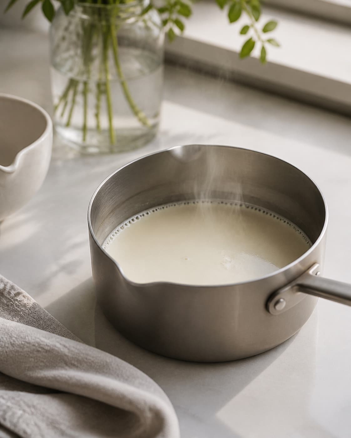 One small saucepan of hot cream just below boiling with wisps of steam, no chocolate matcha bowls or truffles under tilberedningen af matcha-trøfler