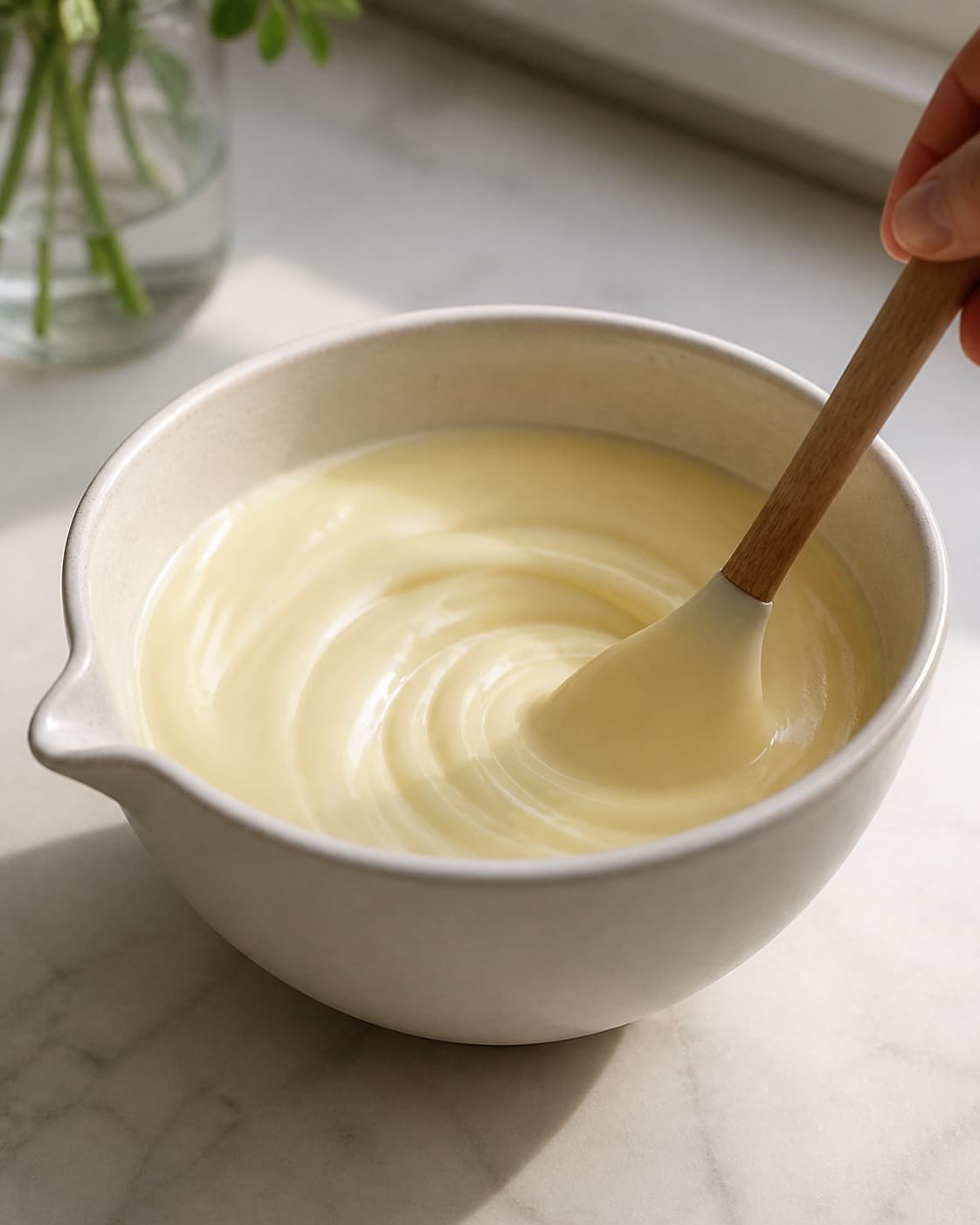 One bowl of completely smooth glossy ivory white-chocolate ganache, no green matcha powder shaped balls or extra dishes under tilberedningen af matcha-trøfler