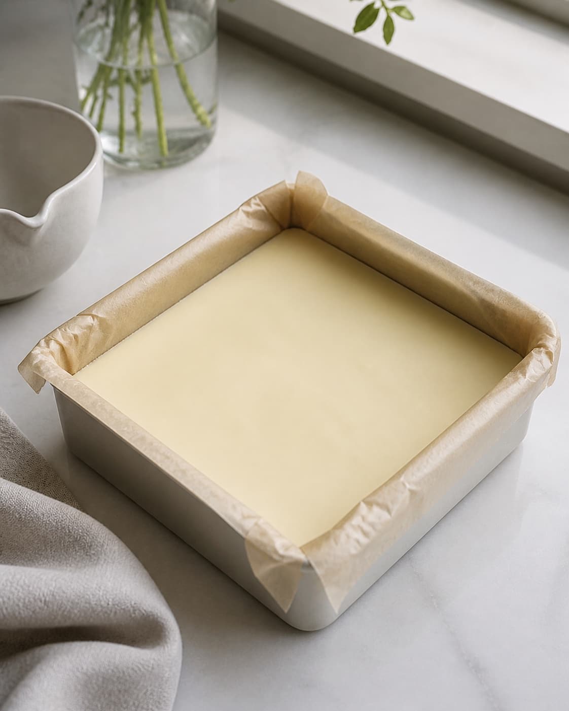 One small parchment-lined square container holding one firm chilled slab of ivory white-chocolate ganache, no balls matcha powder or garnish under tilberedningen af matcha-trøfler