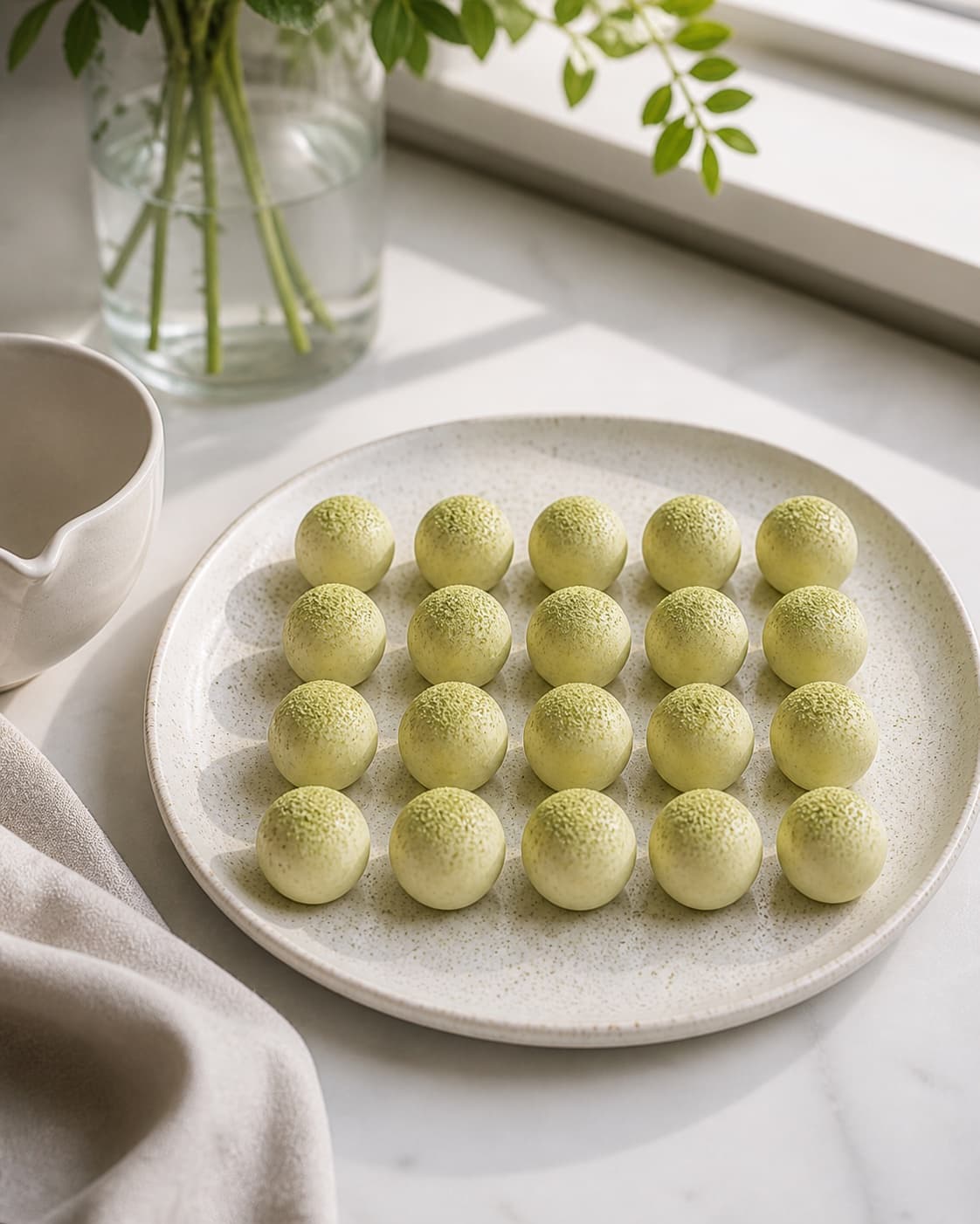 Exactly twenty round ivory white-chocolate truffles lightly dusted green with matcha, arranged in four rows of five on one platter, all 20 visible, no extra truffles under tilberedningen af matcha-trøfler