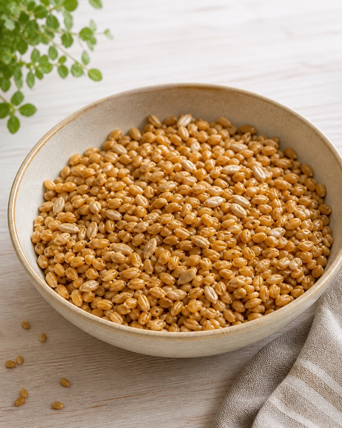 One bowl of plump soaked wheat kernels and sunflower seeds after excess water is drained, no flour yeast dough buns or extra bowls under tilberedningen af kerneboller