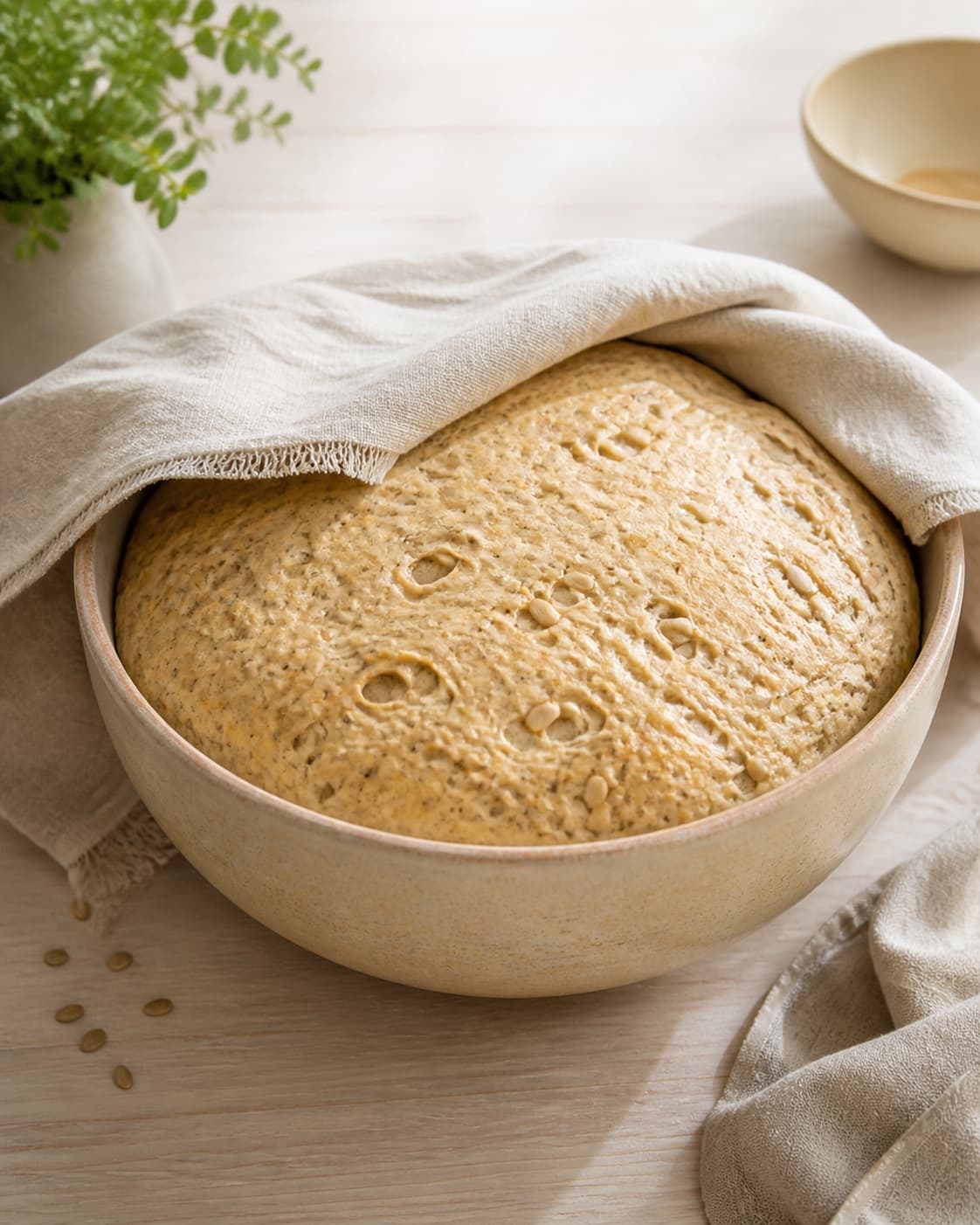 One bowl with cloth partly lifted revealing doubled airy seeded bread dough, no shaped buns baking tray or baked bread under tilberedningen af kerneboller