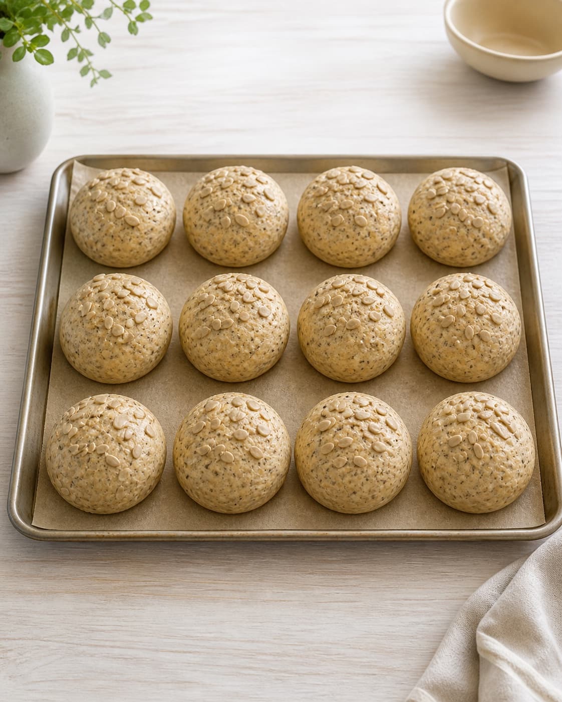 Exactly twelve raw round seeded buns arranged in three rows of four on one parchment-lined tray, each topped with sunflower seeds, all 12 visible, no baked buns under tilberedningen af kerneboller
