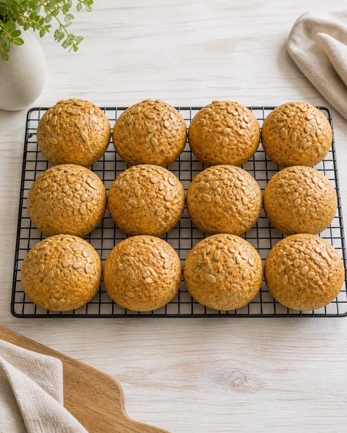 Exactly twelve golden baked seeded buns arranged in three rows of four on one cooling rack, all 12 visible, no extra bread butter or plates under tilberedningen af kerneboller