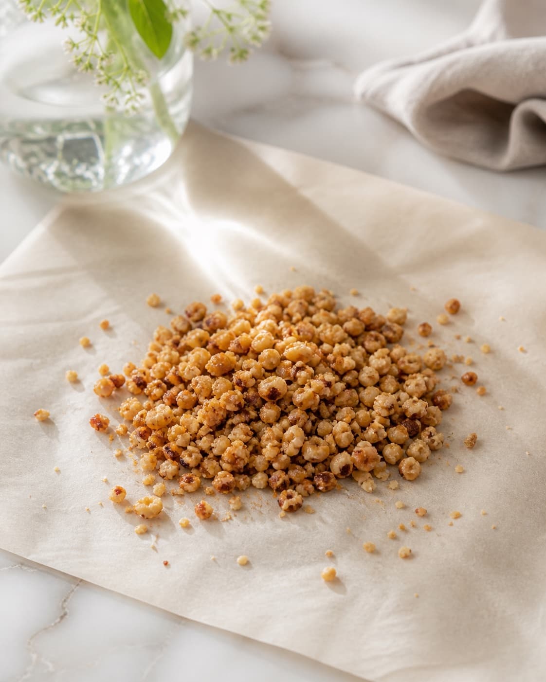 One small pile of finely chopped golden caramelized hazelnut crunch on parchment, no chocolate cream jars or whole nuts under tilberedningen af chokoladesmør med hasselnøddeknas