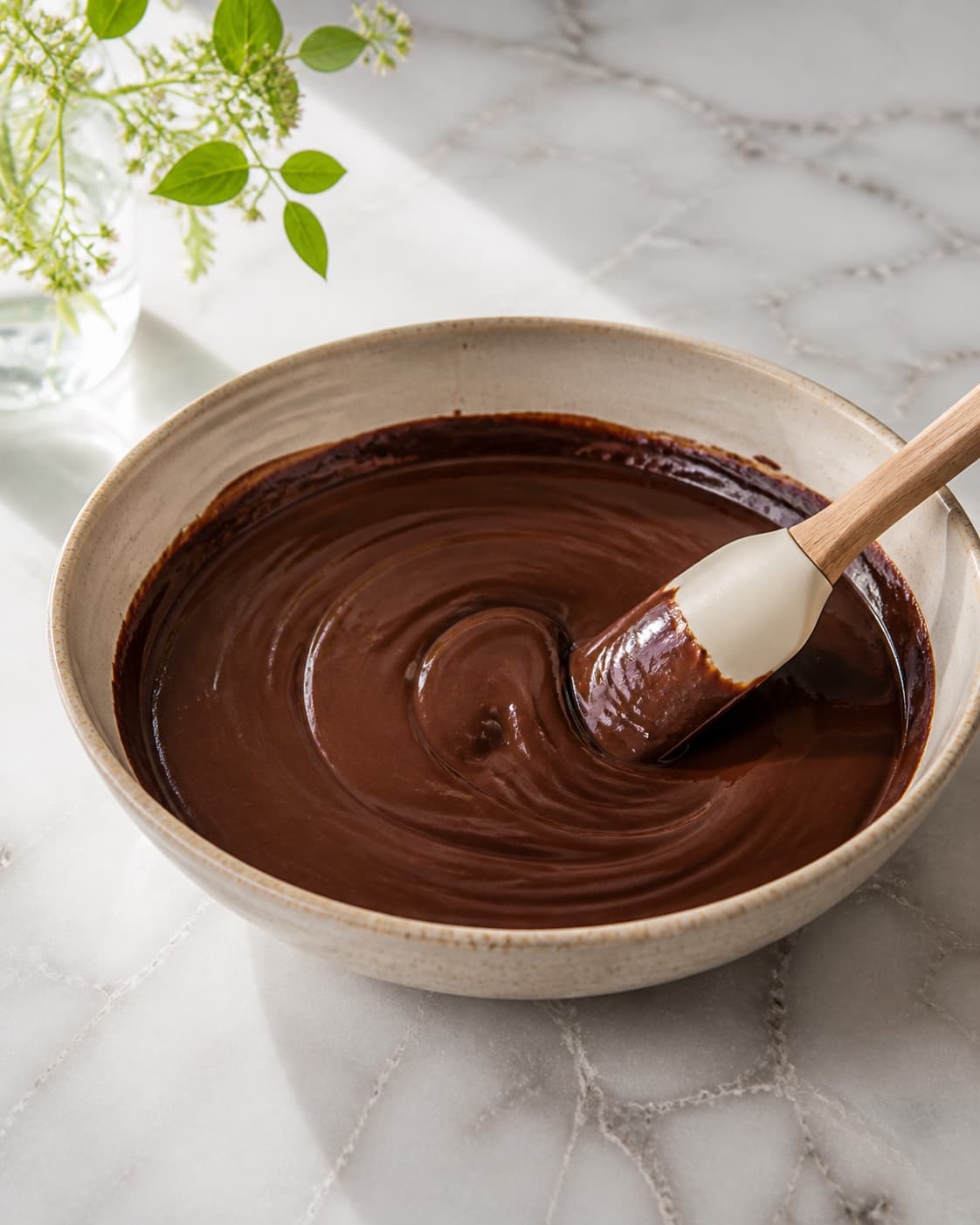 One bowl of completely smooth glossy dark chocolate cream, no hazelnuts jars bread or extra dishes under tilberedningen af chokoladesmør med hasselnøddeknas