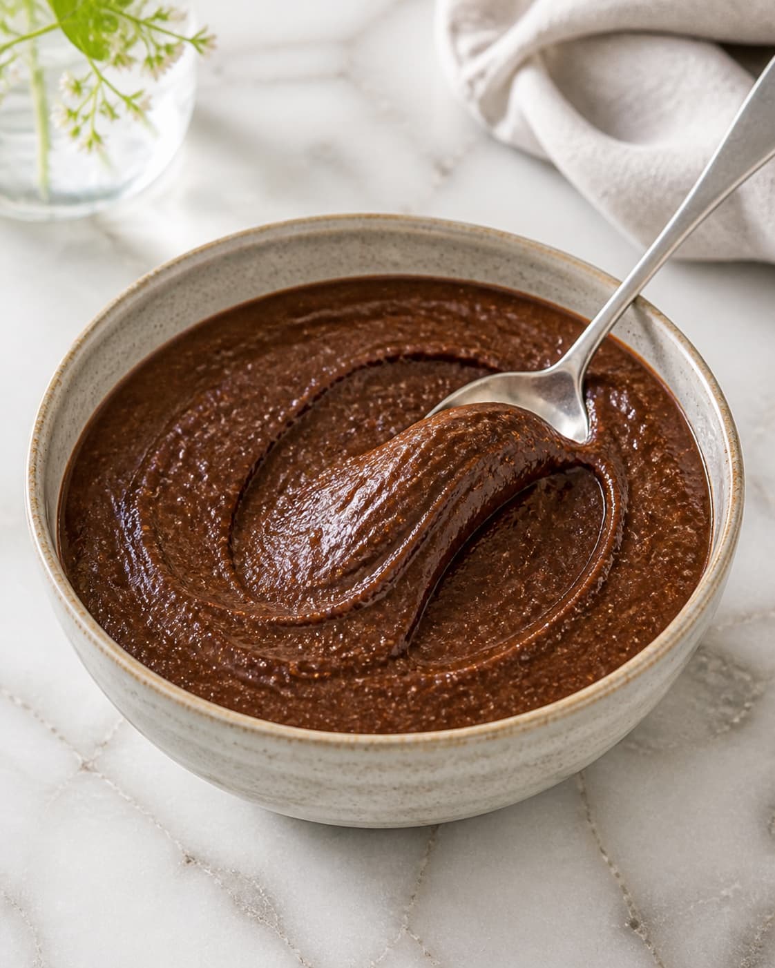 One bowl of thick chilled dark chocolate spread evenly flecked with fine hazelnut crunch, no jar bread or loose topping under tilberedningen af chokoladesmør med hasselnøddeknas
