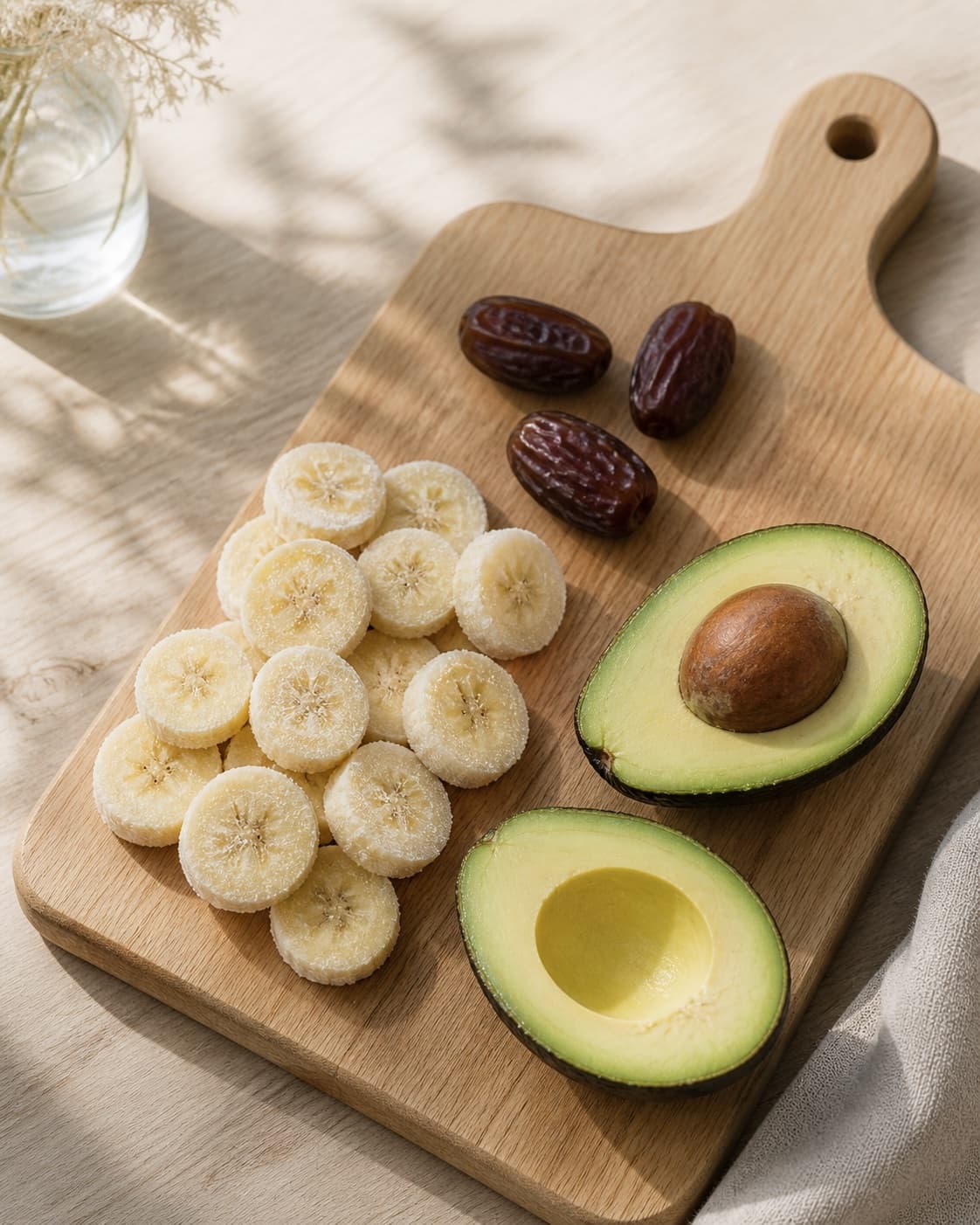One board holding frozen banana slices, exactly three pitted dates and one halved avocado with flesh visible, no cocoa milk blender bowls or toppings under tilberedningen af kakaobowl