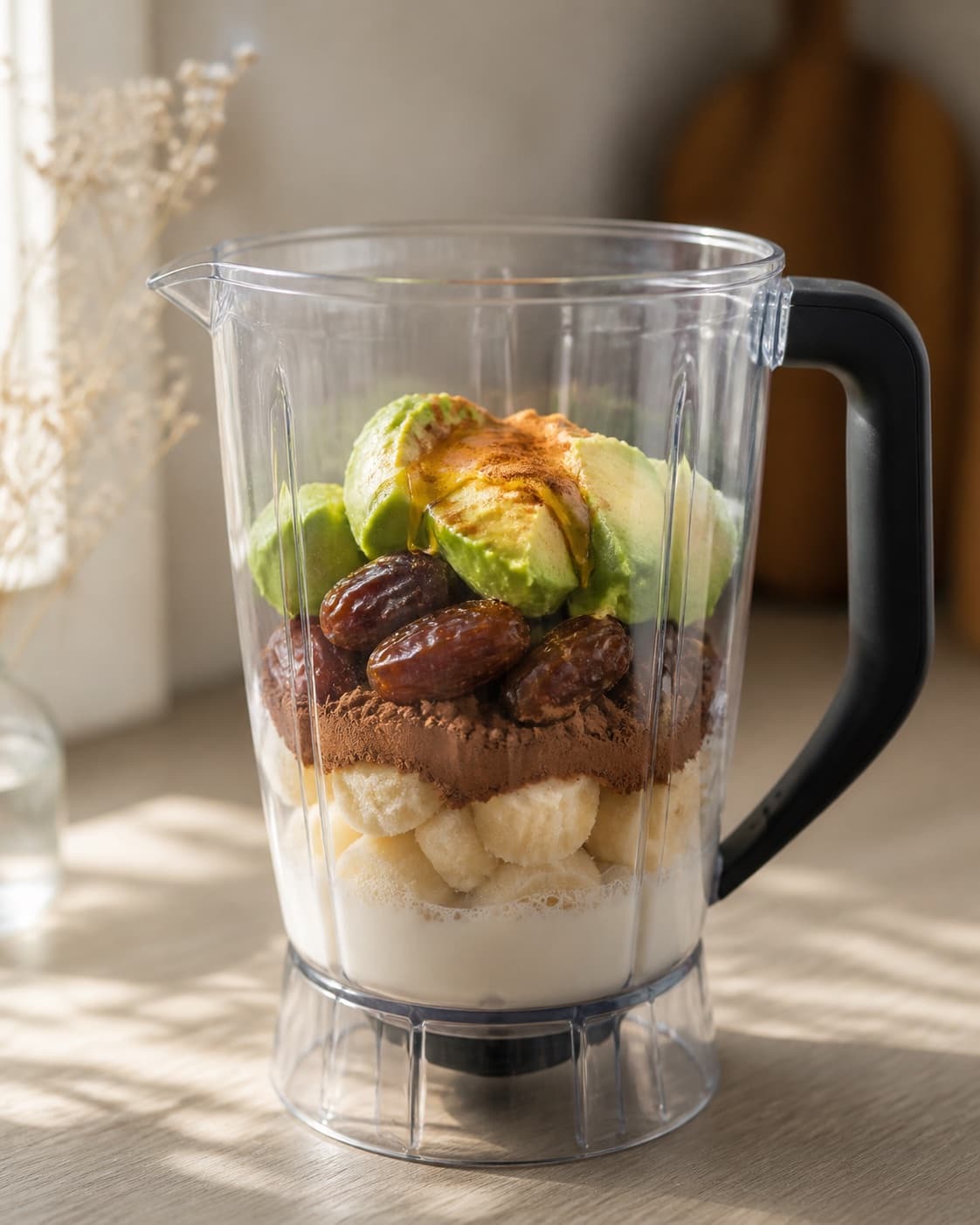 One open blender jug loaded with frozen banana, cocoa, dates, avocado, honey, cinnamon and milk in visible layers, no toppings serving bowls or extra ingredients under tilberedningen af kakaobowl
