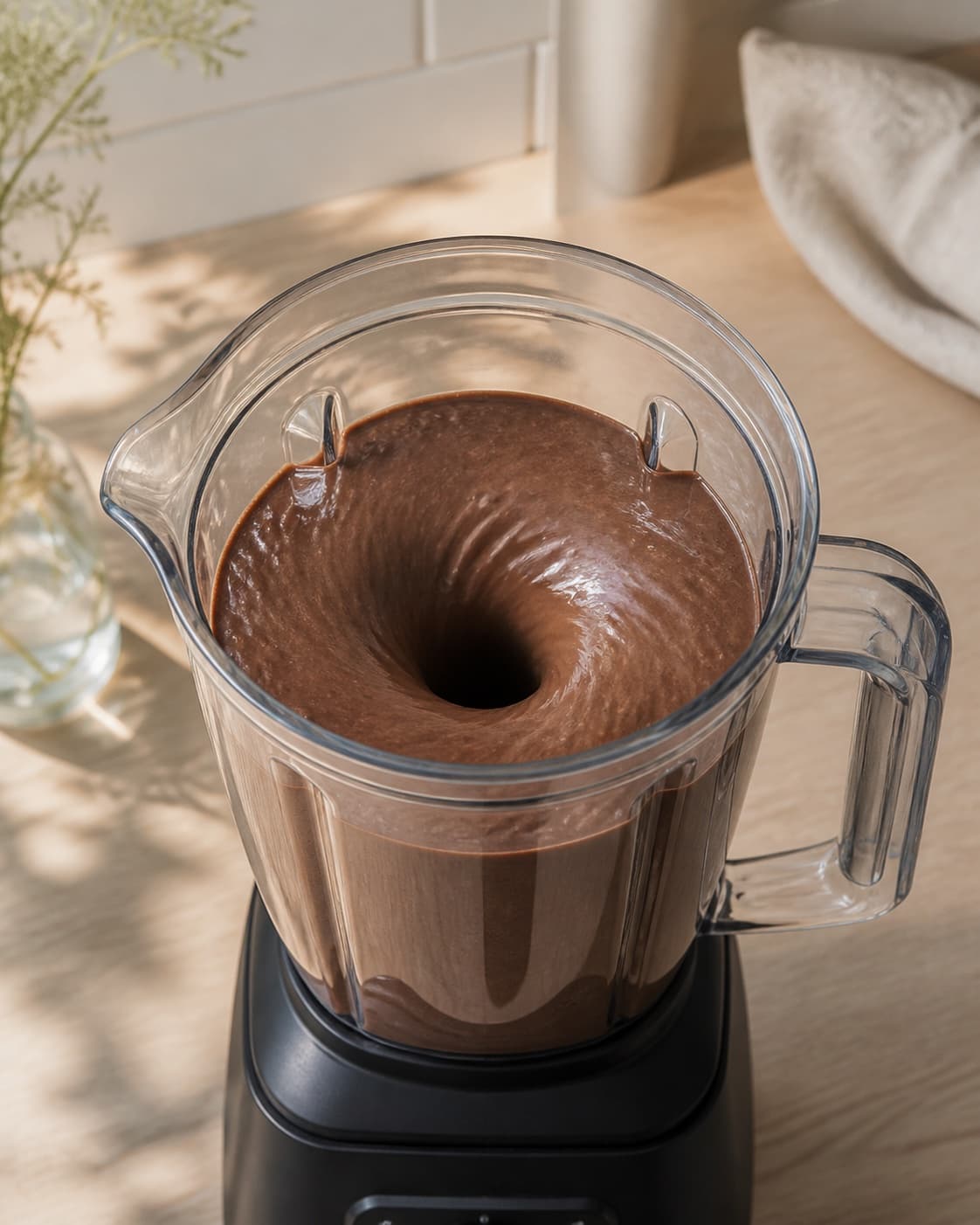 One blender jug holding a completely smooth thick dark cocoa smoothie in a visible blending vortex, no bowls toppings or chunks under tilberedningen af kakaobowl